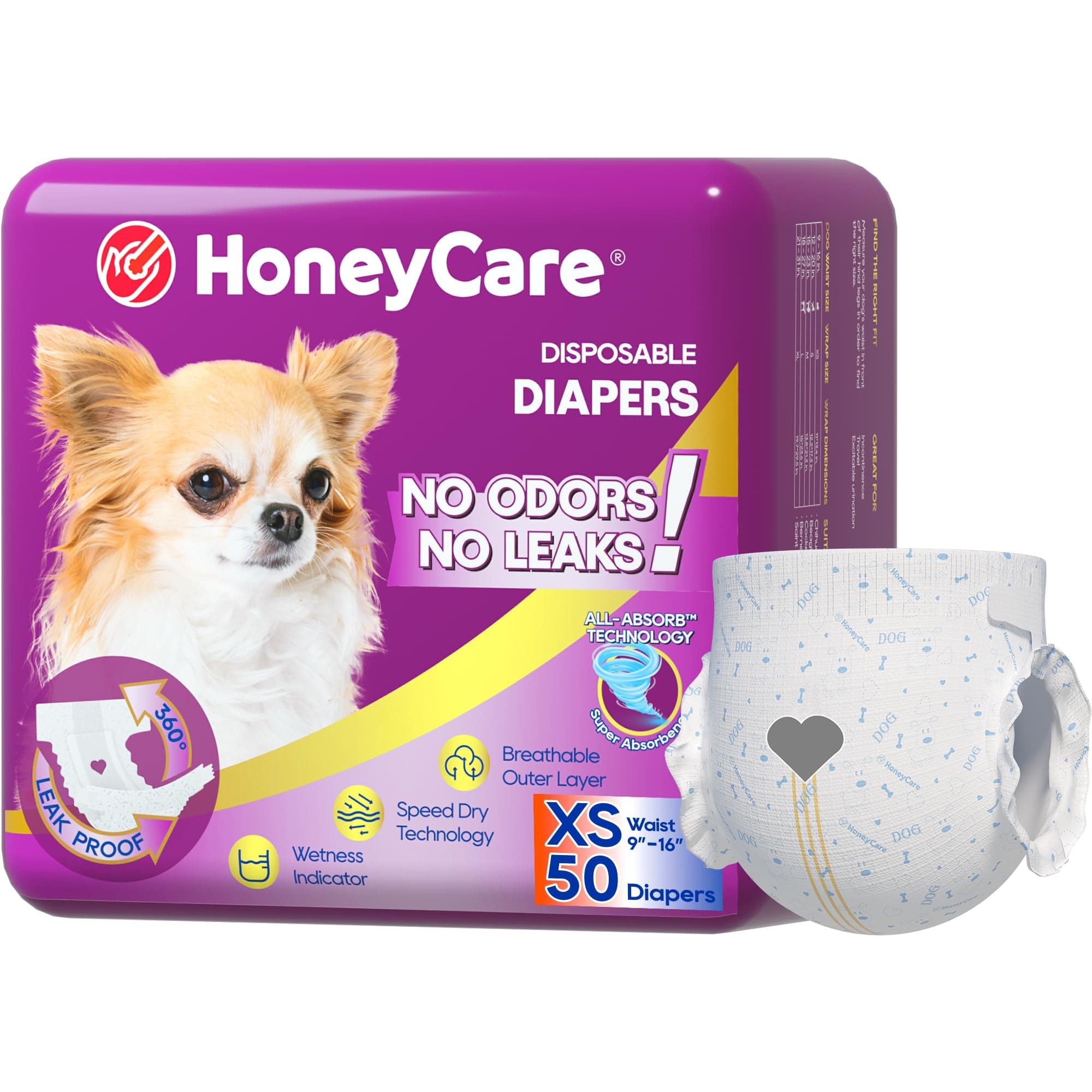 HONEY CARE All-Absorb Disposable Female Dog Diapers Extra Small Size, Improved, 50 Count, Super Absorbent, Breathable, Wetness Indicator (Pack of 1, 50 Count Total)