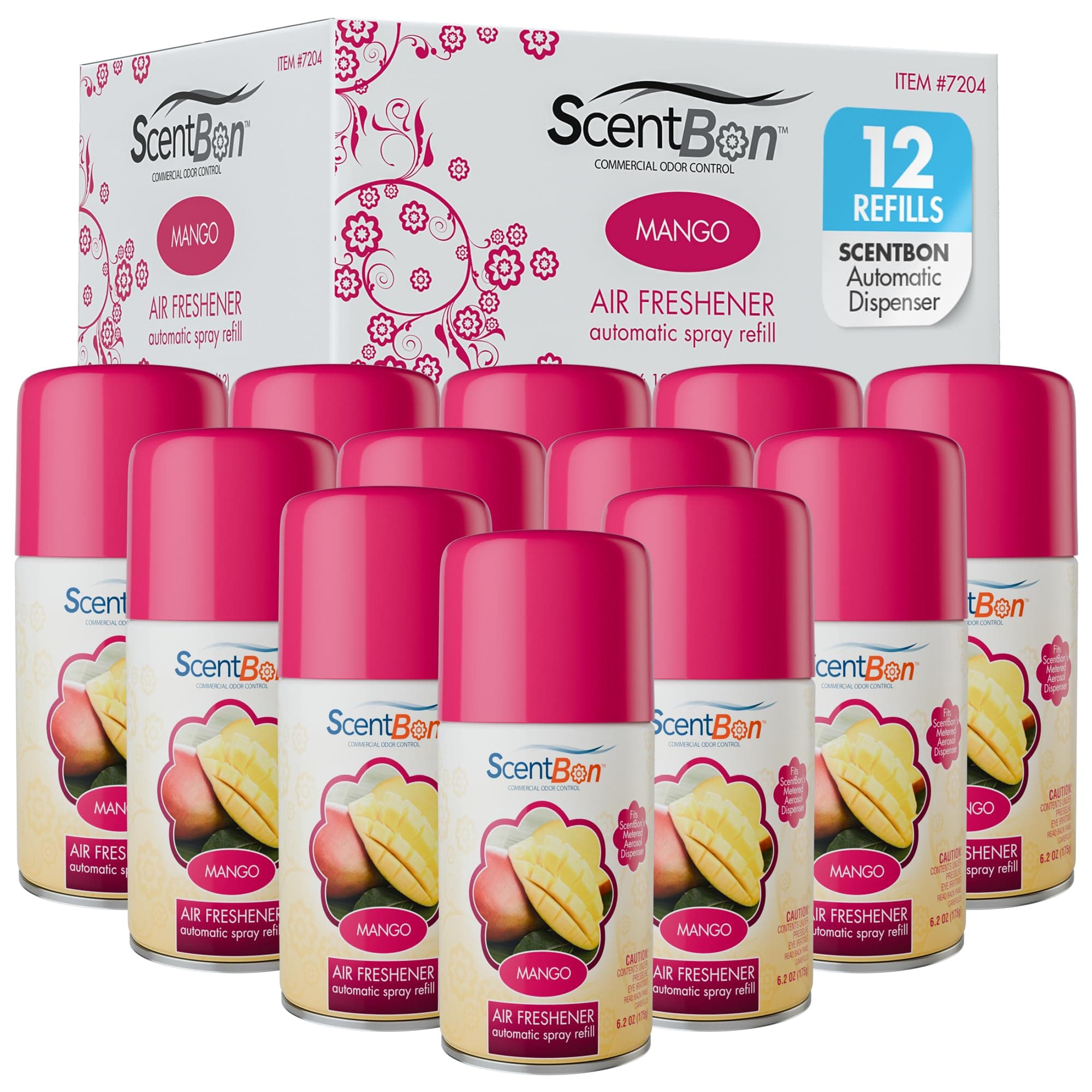 Metered Air Freshener Refills for Aerosol Dispenser – Mango Scent – 6.2 oz – 12 Pack – Automatic Air Freshener Spray Refill – Commercial Aerosol Deodorizer for Office, Bathroom, Gym, Businesses