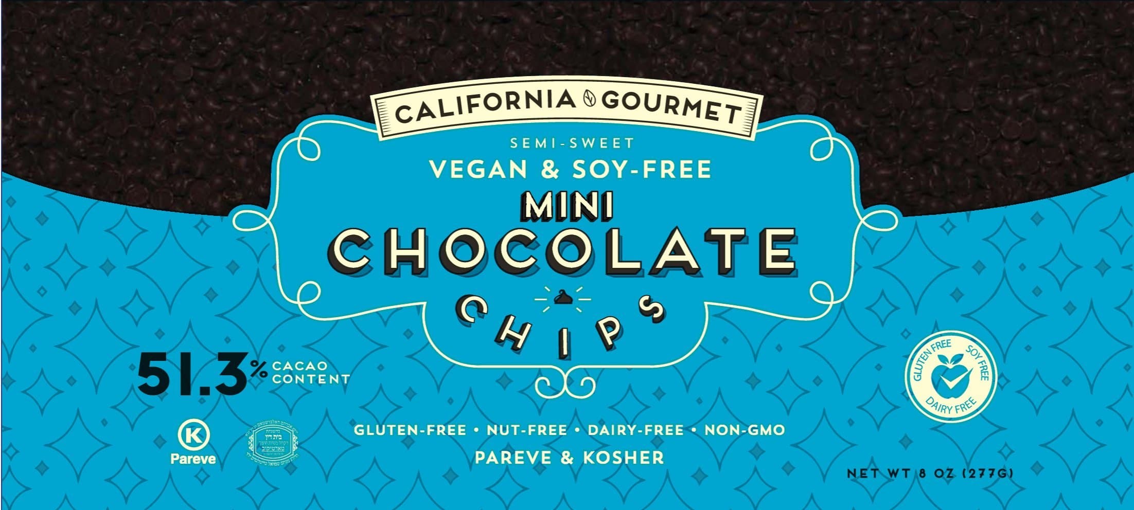 California Gourmet Semi-Sweet Mini Chocolate Chips, Vegan & Soy Free, Gluten Free, Nut Free, Dairy Free, Non-Gmo, Kosher. 51.3% Cacao Content, 8-Ounce Bag (1 PACK)