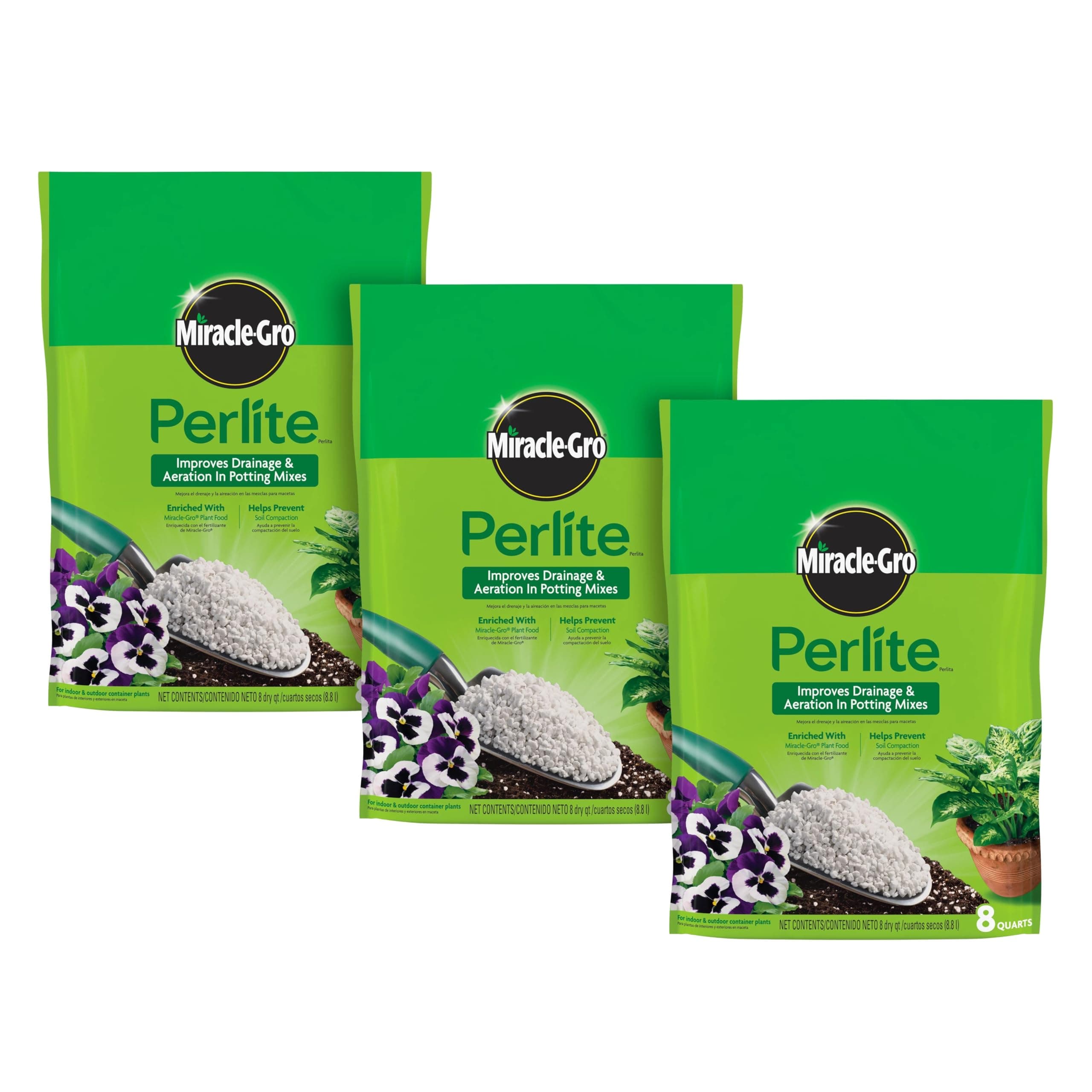 Miracle-Gro Perlite - Enriched with Plant Food, Improves Drainage and Aeration in Potting Soil Mixes, For Container Plants, 8 qt. (3-Pack)