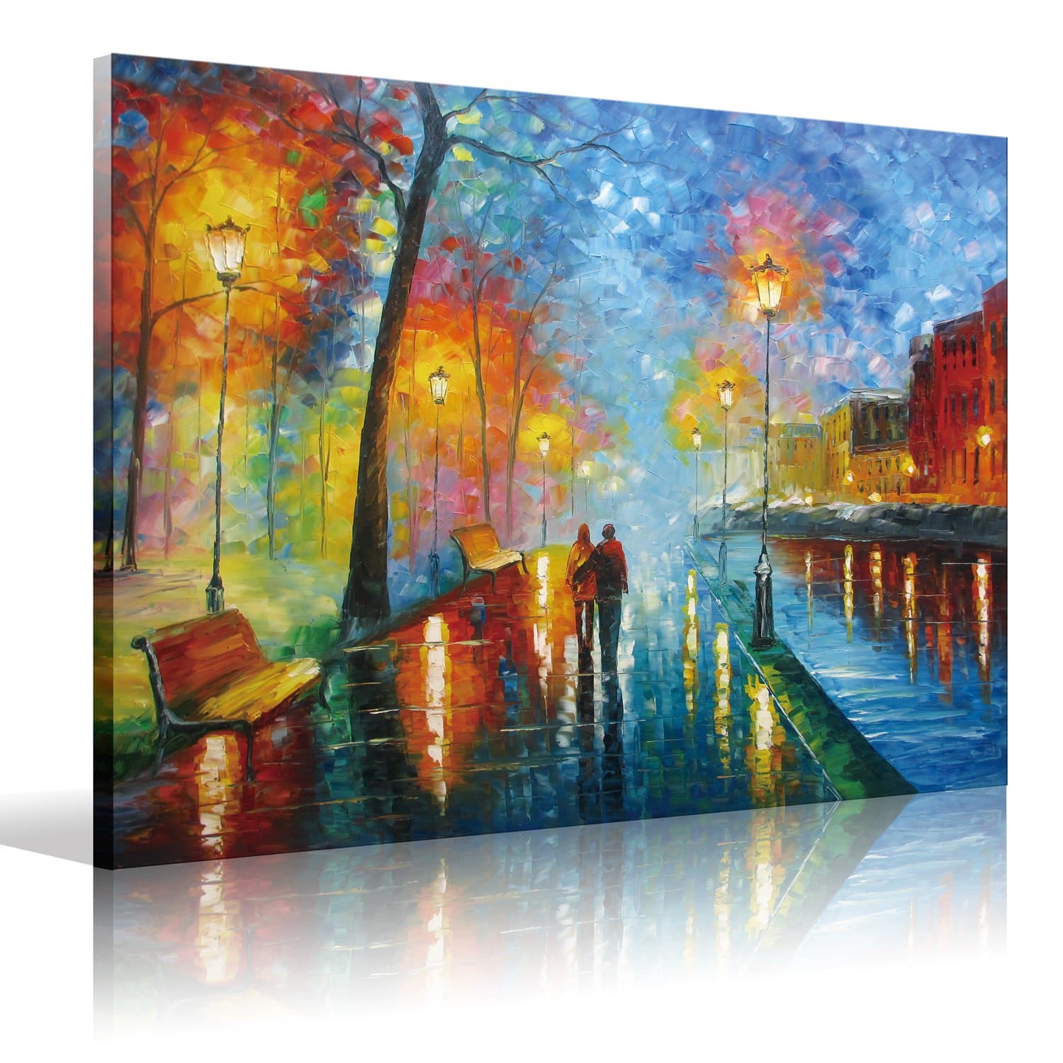 Framed HD Stretched Ready to Hang Canvas,Artwork Wall Art Romantic Oil Painting 30x40inch(70x100cm)1pc,Lovers Walk on The Side of The Lake Prints on Canvas for Bedroom,Decorations Wall Decor