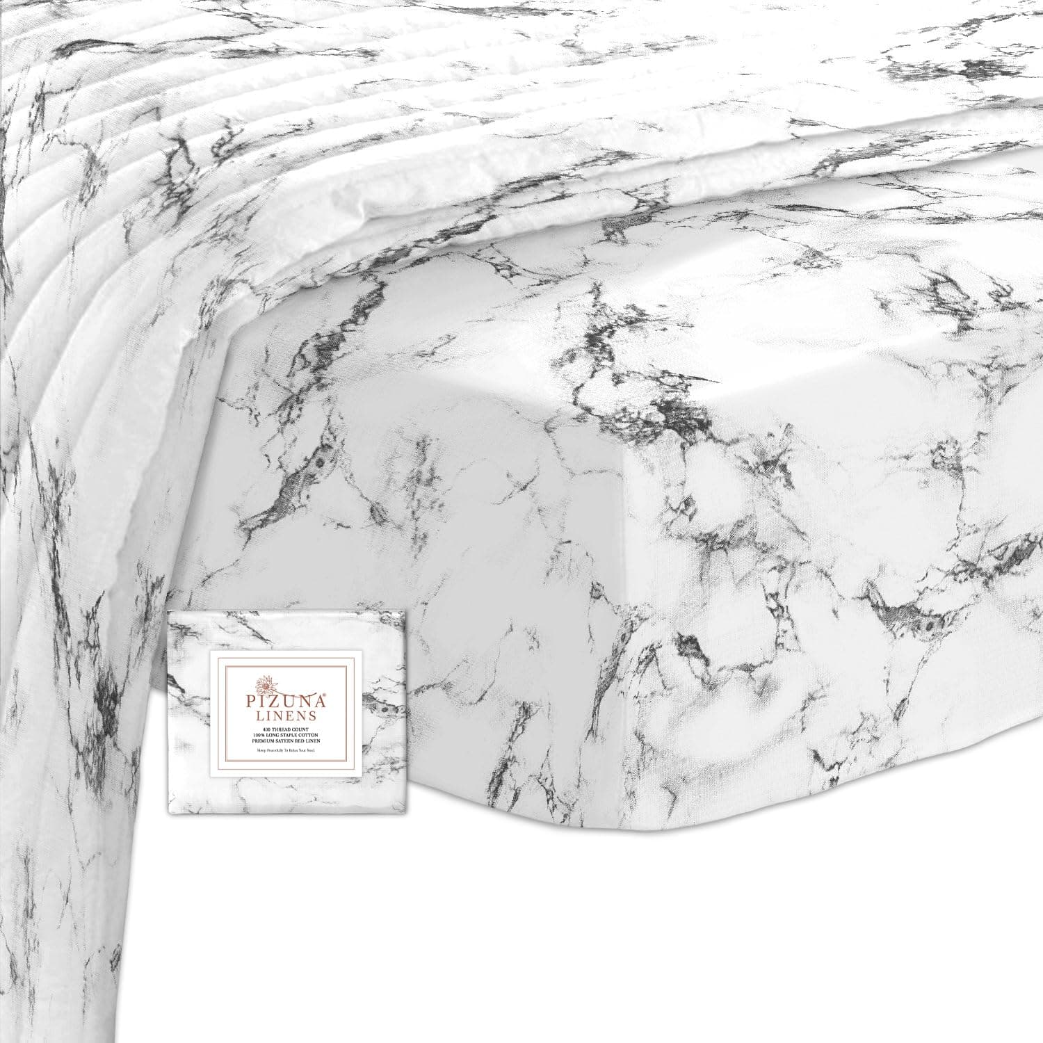 PizunaCotton Marble White Print Fitted Sheet Small Single 1 Pc, 400 thread Count 100% Long Staple Sateen Cotton Single Printed Bed Sheets 80x200 of 40 cm Deep Pocket (Printed Cotton Bedding)