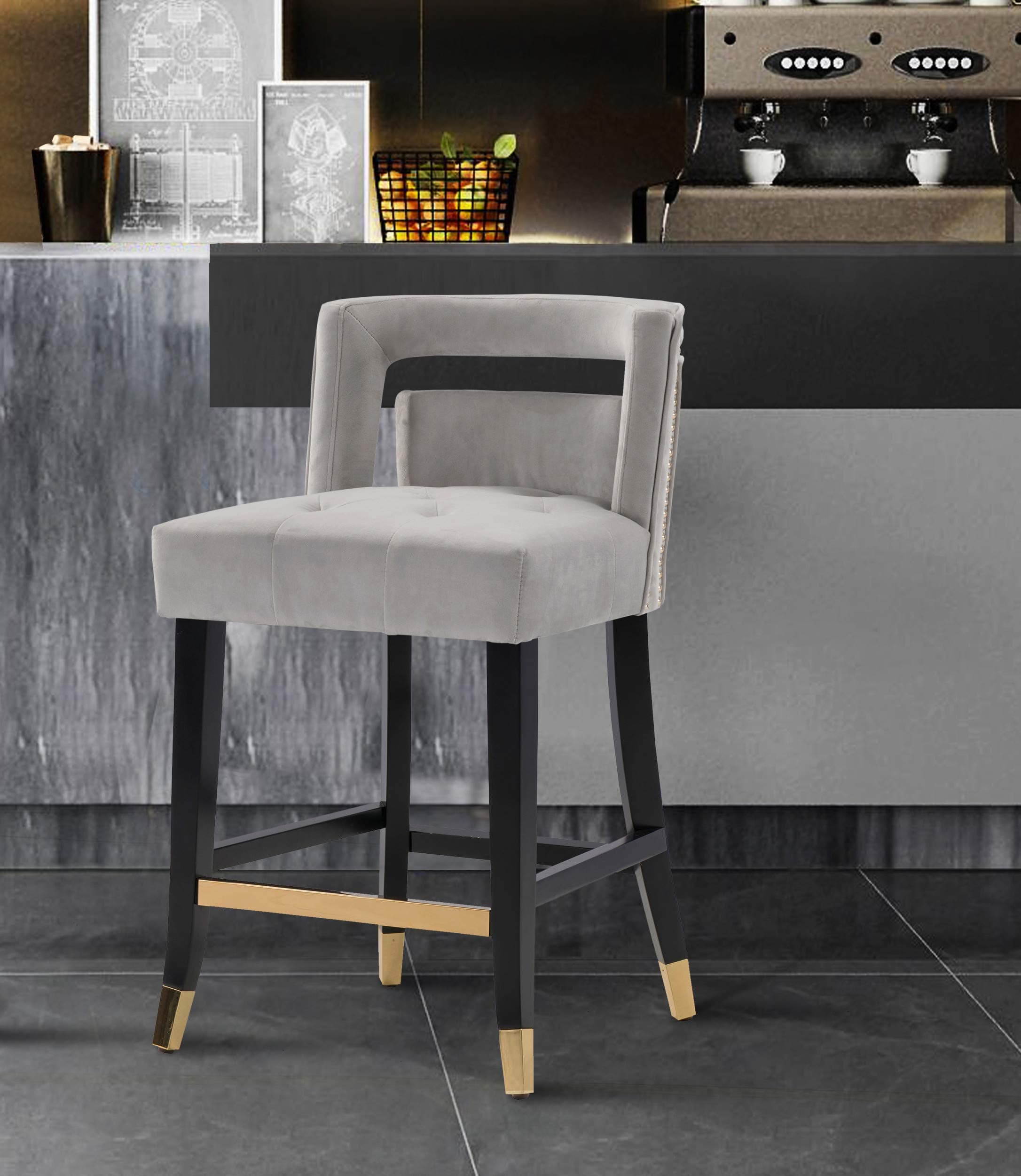 Irithel Counter Stool Chair Velvet Upholstered Nailhead Trim Half Back Seat Design Tone Footrest Bar Gold Tip Tapered Wood Legs Modern Transitional, SILVER