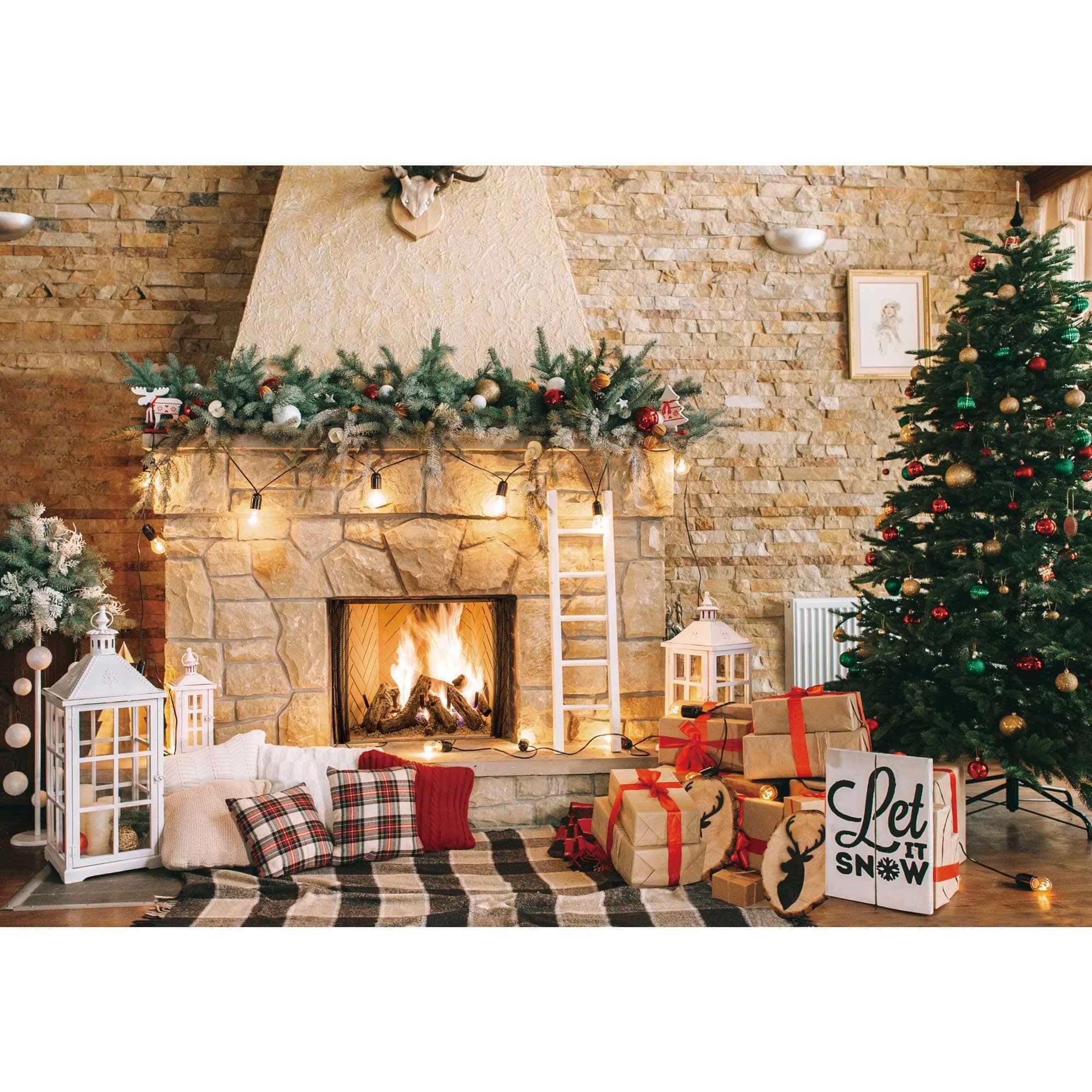 7x5ft Christmas Fireplace Theme Backdrop for Photography Christmas Tree Decorations for Xmas Party Supplies Background Pictures Banner Photo Studio Decor Booth Props