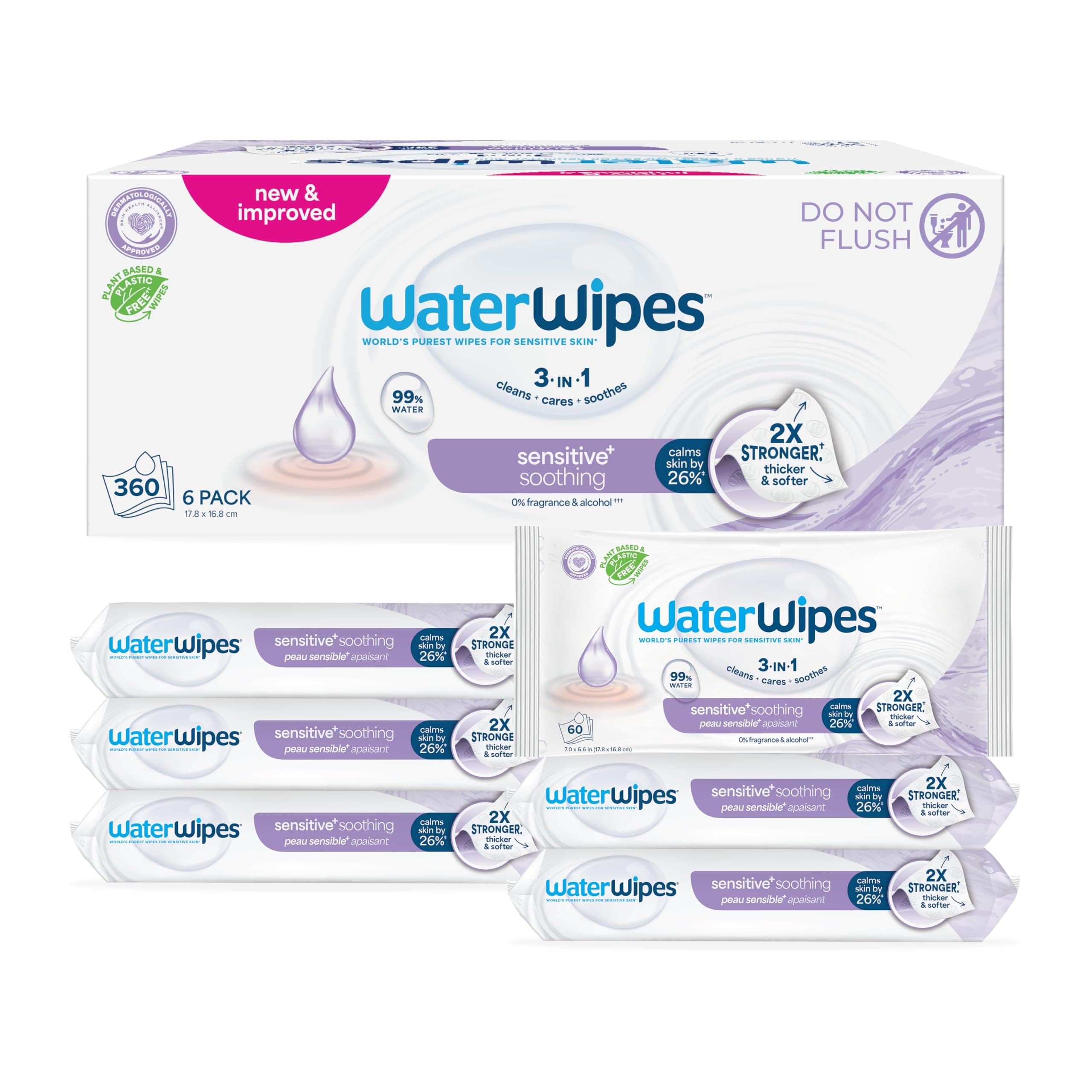 Sensitive+ Soothing Wipes, 3-In-1 Cleans, Cares, Soothes, 99% Water with Botanical Extract, Unscented & Hypoallergenic Baby Wipes, 360 Count (6 Packs)