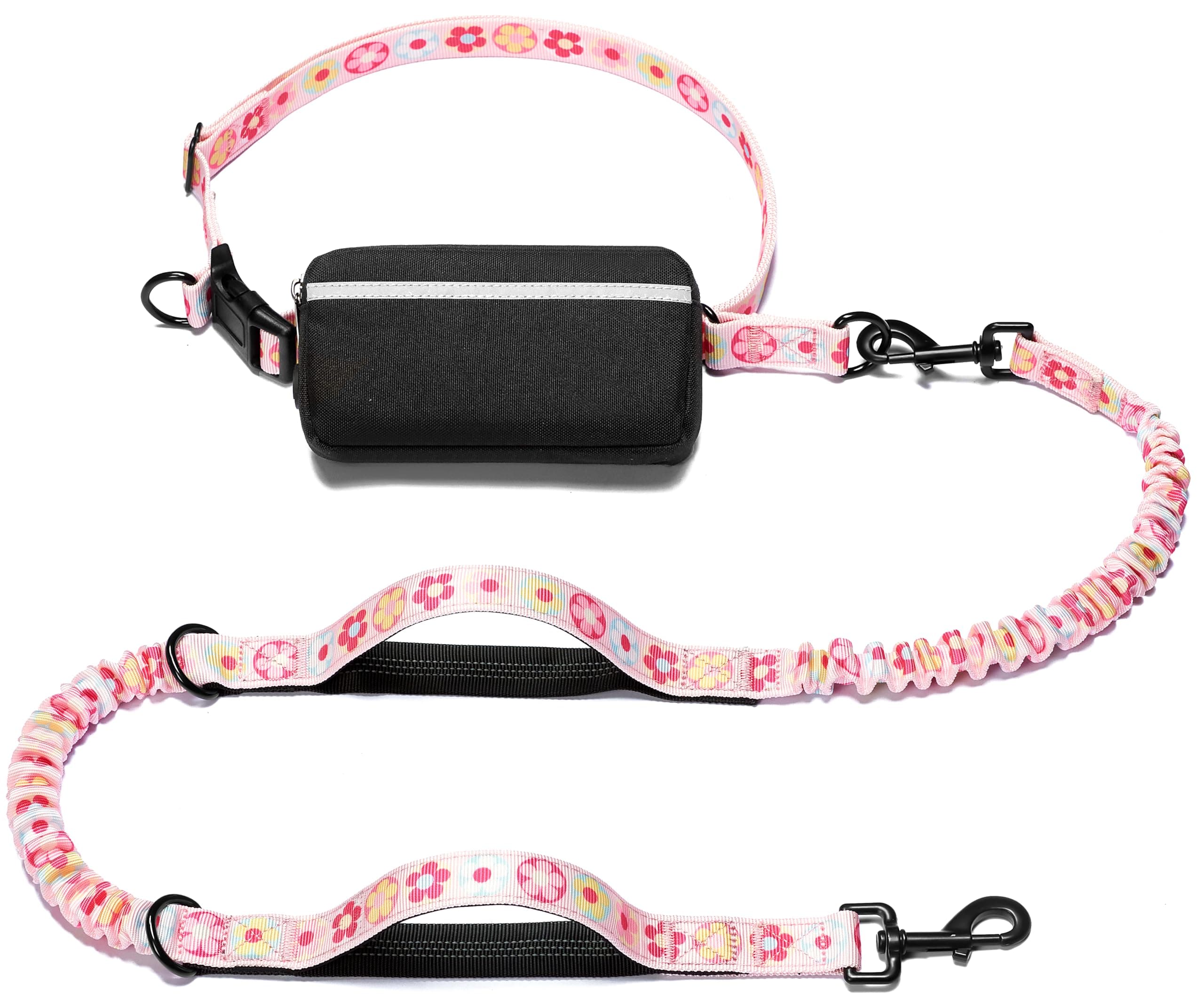 iYoShop Hands Free Dog Leash with Zipper Pouch, Dual Padded Handles and Durable Bungee for Walking, Jogging and Running Your Dog (Colorful Small Flower, Large)