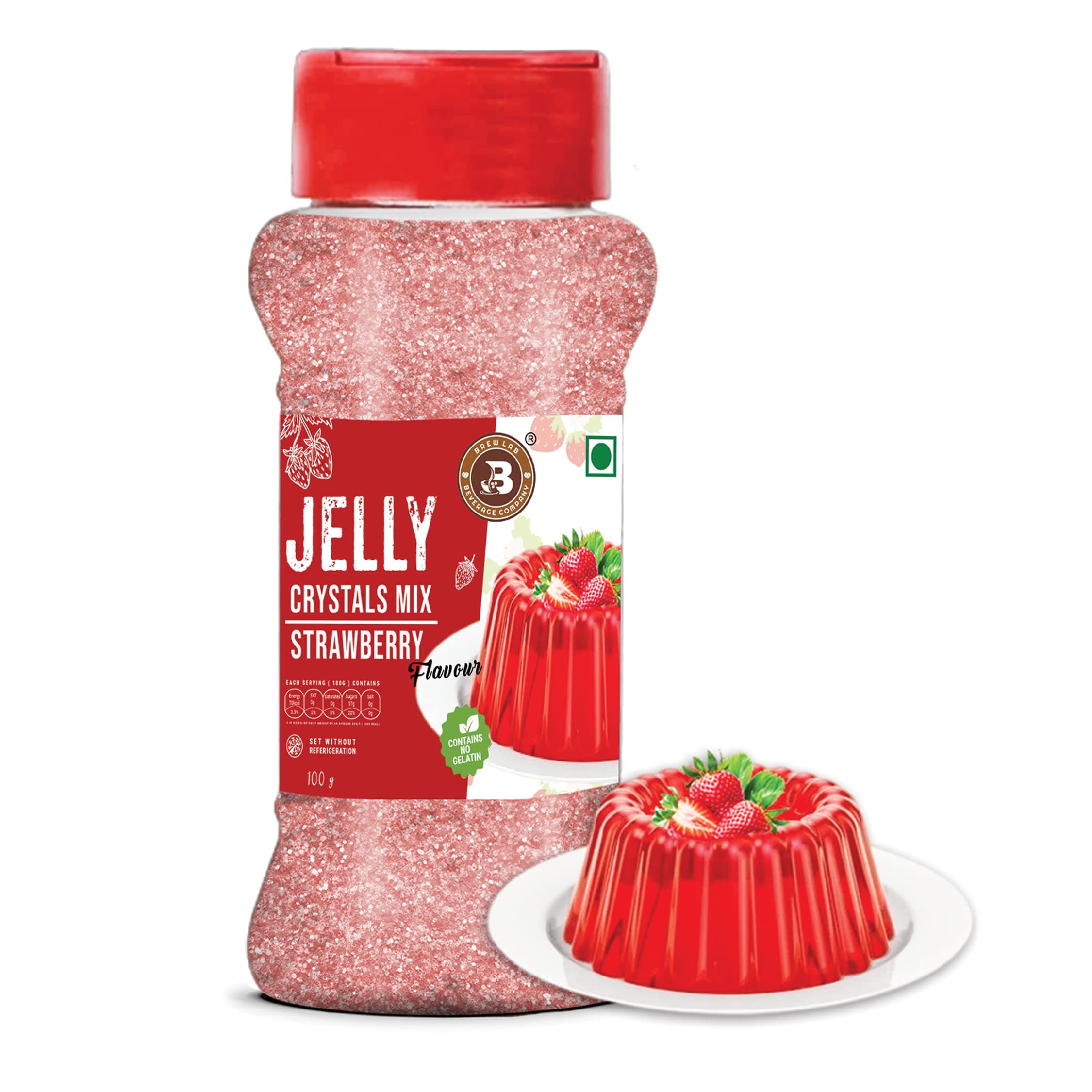 Brew Lab Jelly Crystals Mix Powder For Making Jelly - Strawberry Flavor | Easy To Make | Ready To Eat | No Gelatin - 100 Gm