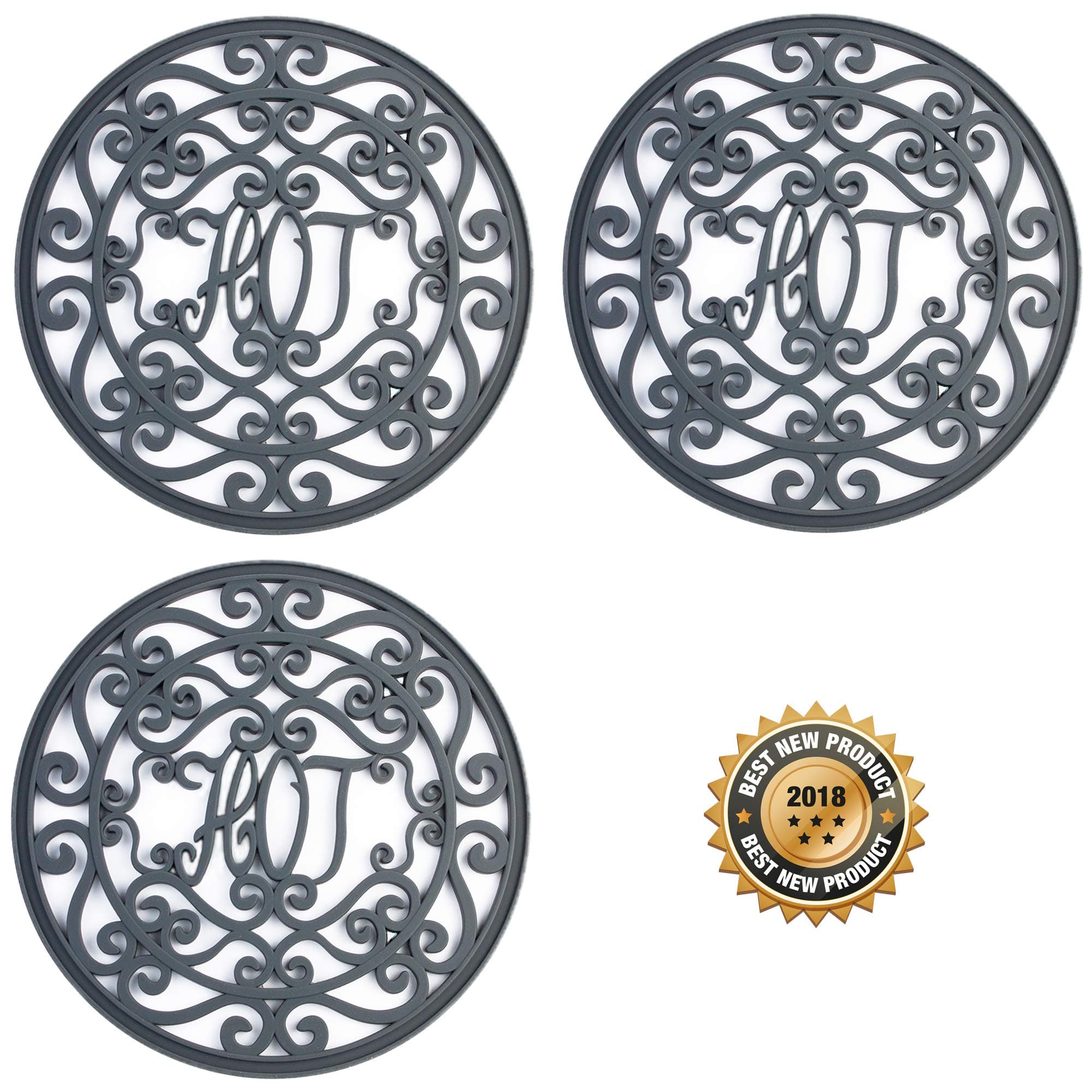 Silicone Trivet for Hot Dishes, Pots & Pans - Decorative Non Slip Mat 'Hot Ironworks' Design Gives a Rustic Charm Protective Pads for Kitchen Counter (7.5 in Round, 3-Set, Dark Gray)