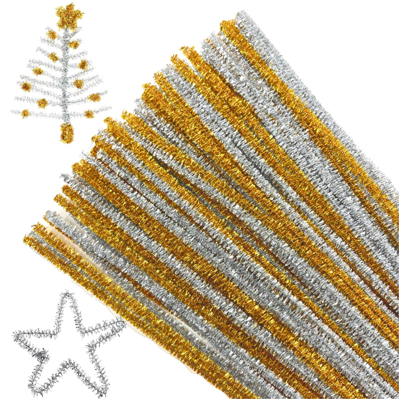 Glitter Pipe Cleaners - 100 Sparkly Gold & Silver Chenille Stems 30cm x 6mm for Christmas Crafts, Decorations & DIY