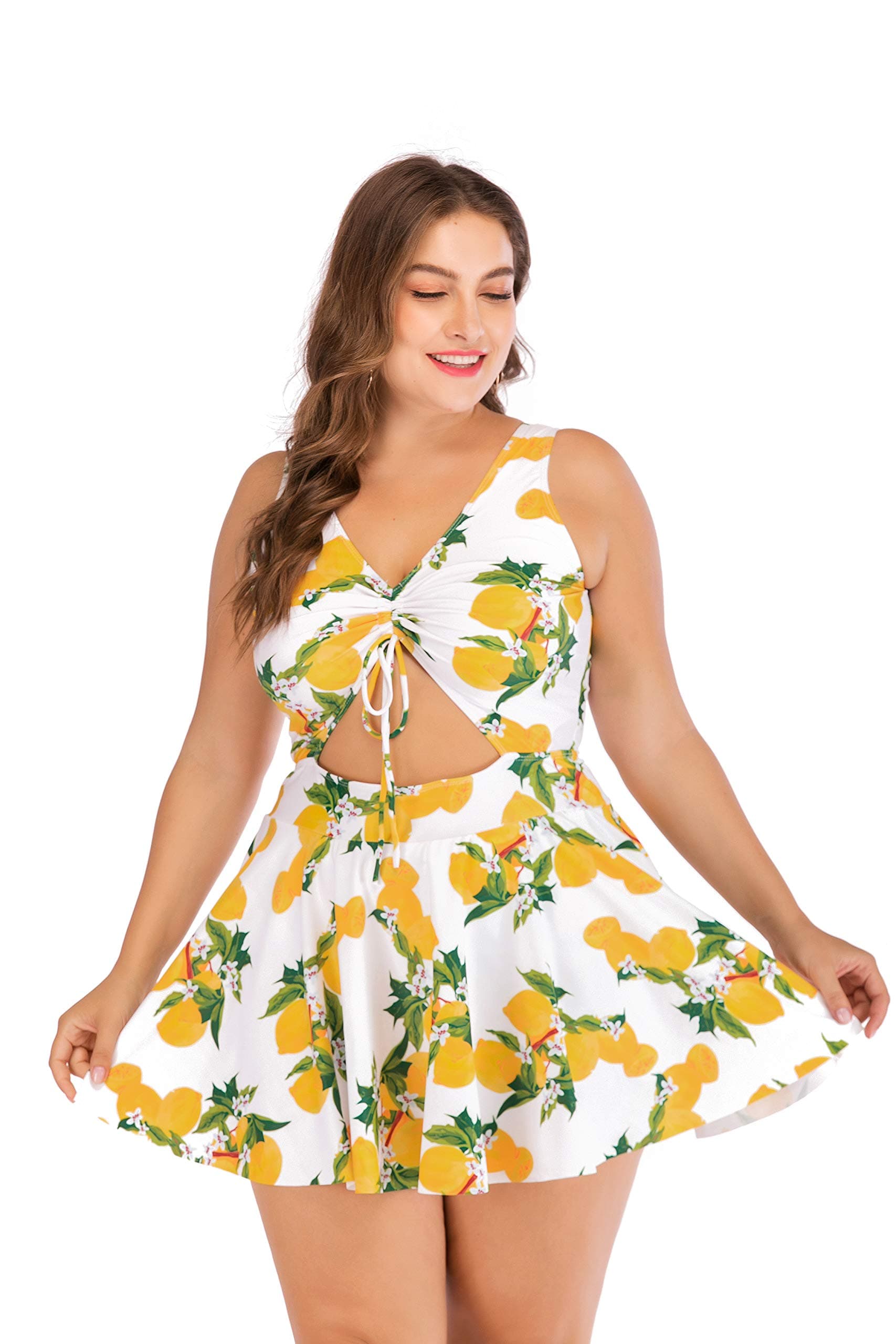 Plus Size Floral Print Halter Swimwear One Piece Pin up Tankini Swimwear