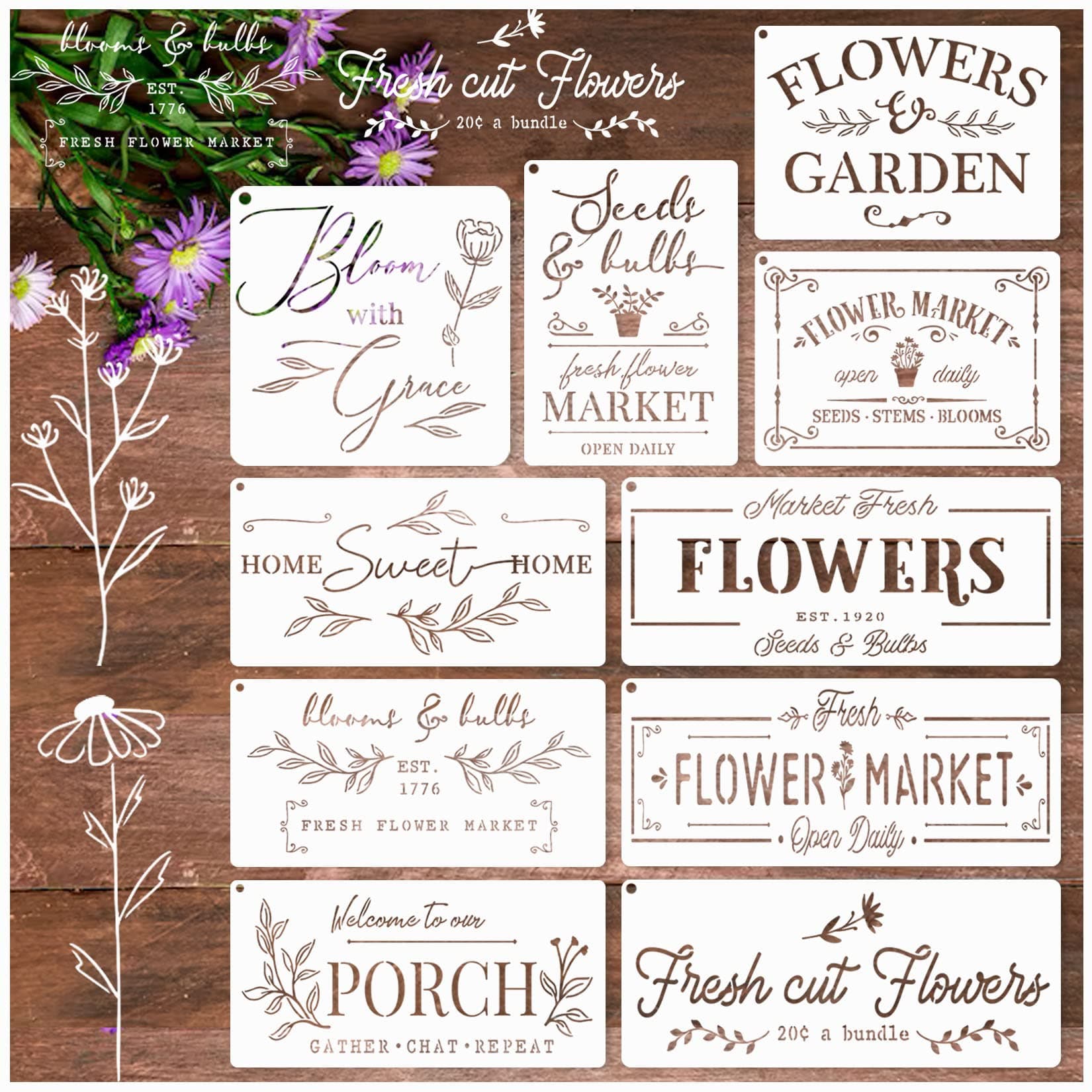 Flower Market Stencil for Crafts Spring Farmhouse Stencils for Painting on Wood Burning Wall, Large Garden Kitchen Embroidery Stencils Paint Art Home Sign Canvas Furniture Decor (Flower Market 1)