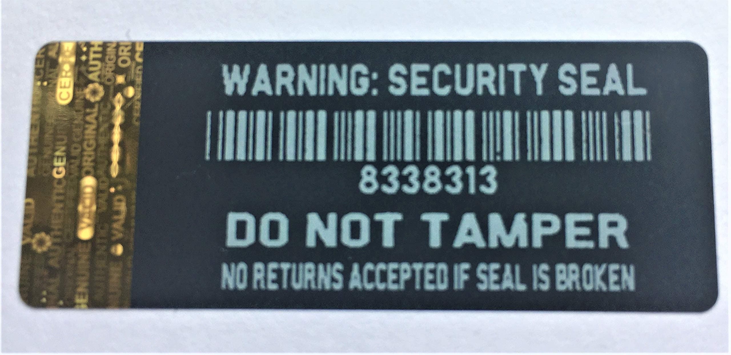 Warning Security Seal Black Tamper Evident Security Labels with Gold Hologram Strip to Short Edge X 100 Each with Unique Serial Number