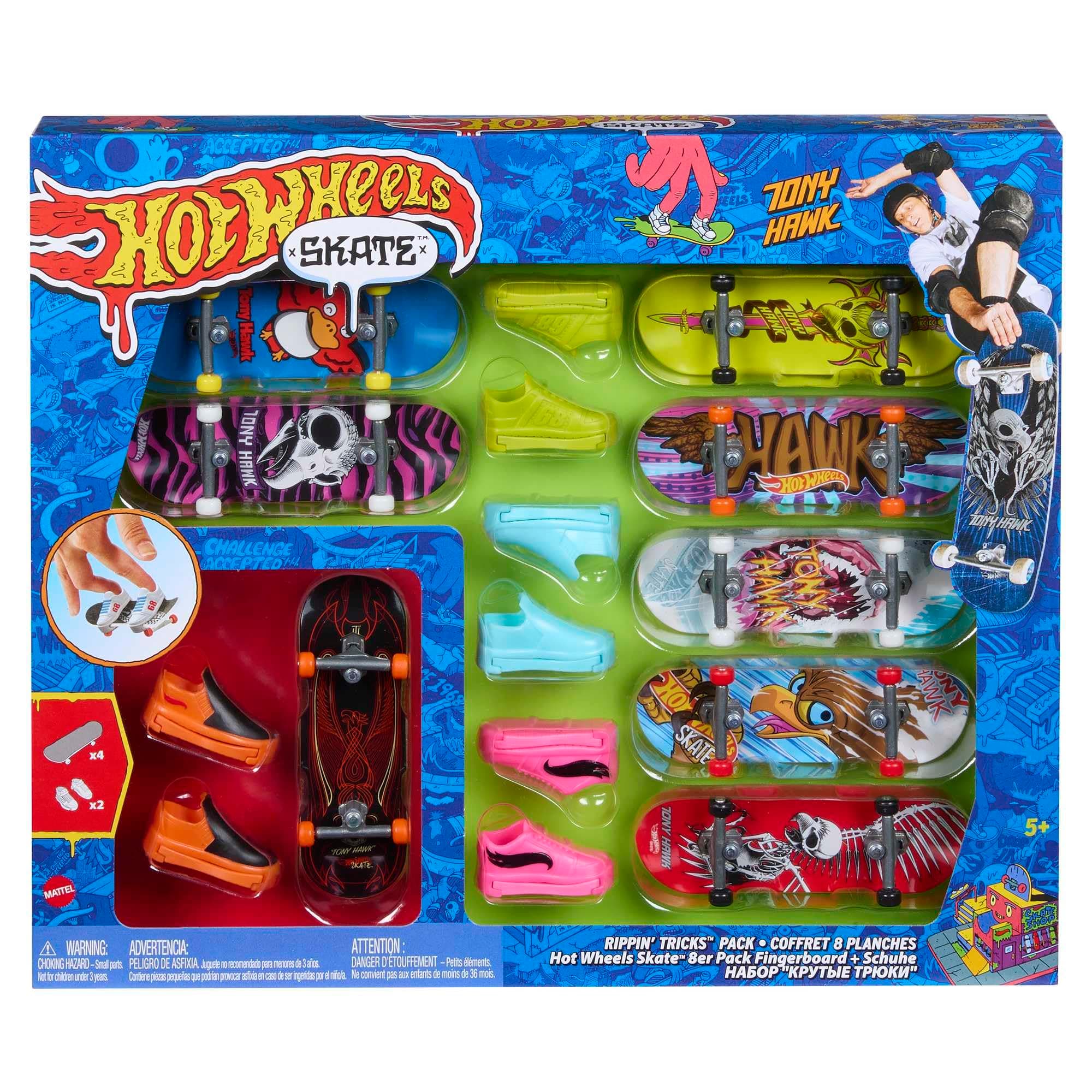 Hot Wheels Skate, 8 Fully Assembled Tony Hawk-Themed Finger Skateboards and 4 Pairs of Skate Shoes, 1 Exclusive Set, 8-Pack Bundle, HMY19
