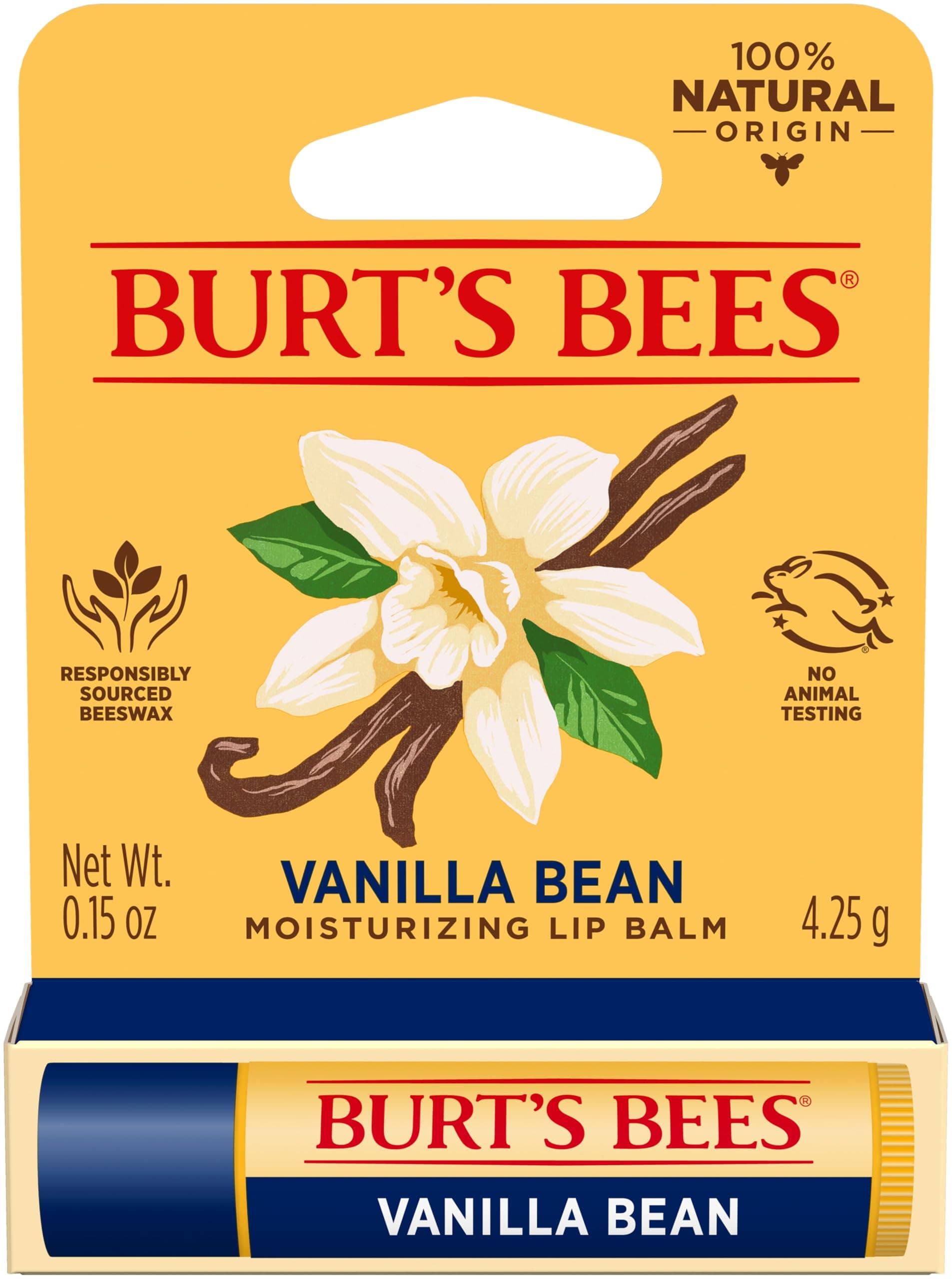 Burt's Bees Lip Balm Vanilla Bean, Moisturising Lip Balm With Beeswax & Vitamin E, 100% Natural Origin, 4.25g