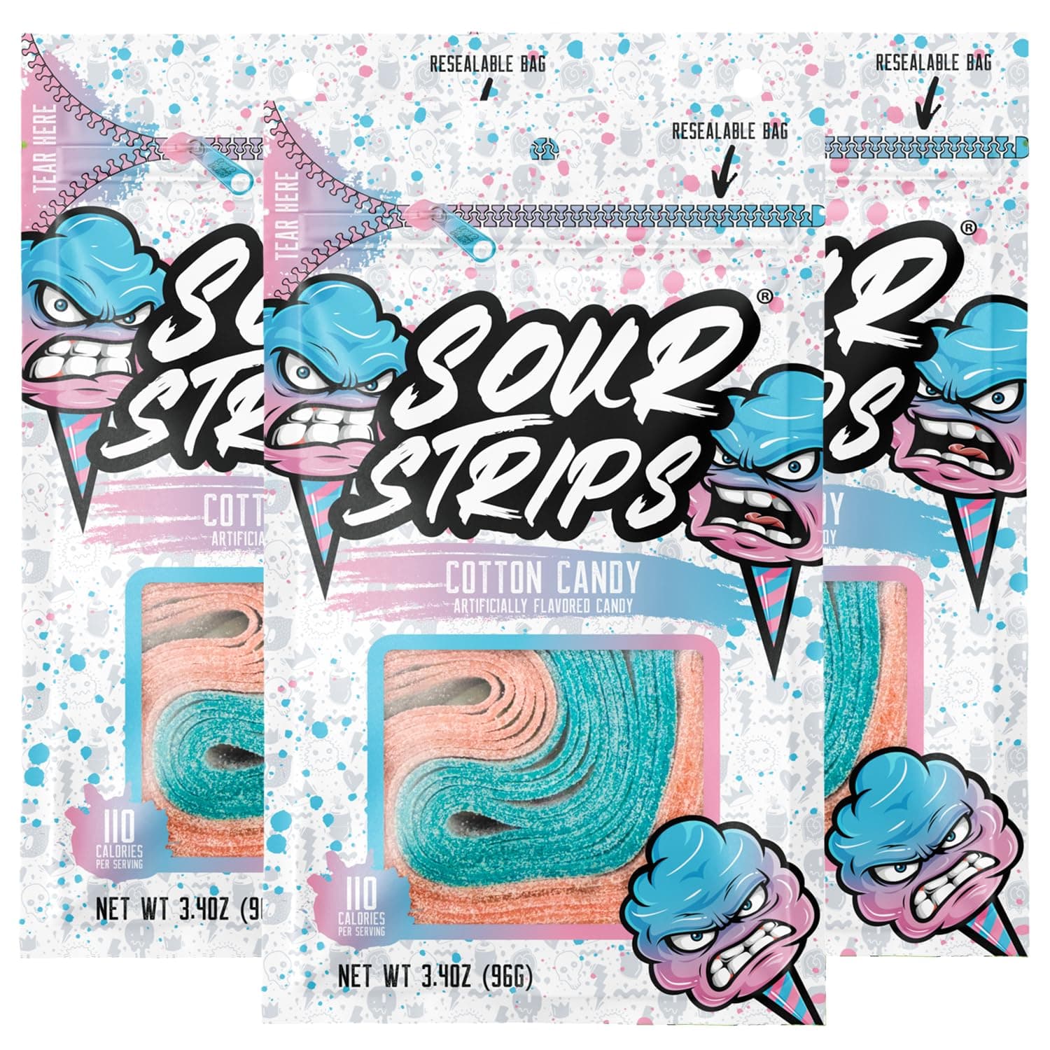 Sour Strips Sour Candy Belts, Cotton Candy, Resealable Candy Bags, 3.4 Ounce (Pack of 3)