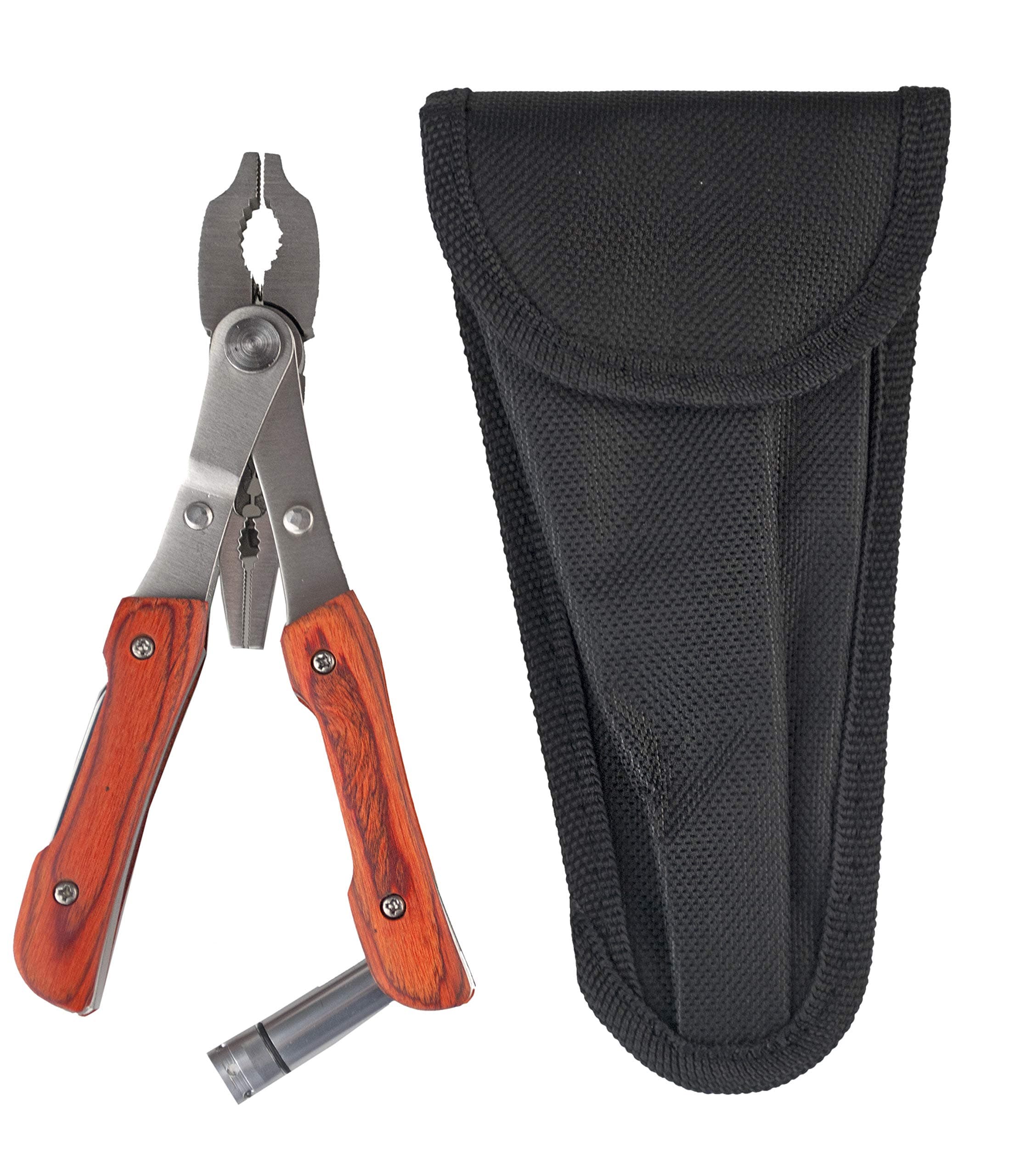 ADROIT 11-in-1 Multi-tool | Stainless Steel Construction | Wood Grain Handle | Tools Include LED Light, Knife, Screwdriver, Pliers, Crimpers, & More | Outdoor & Home Utility