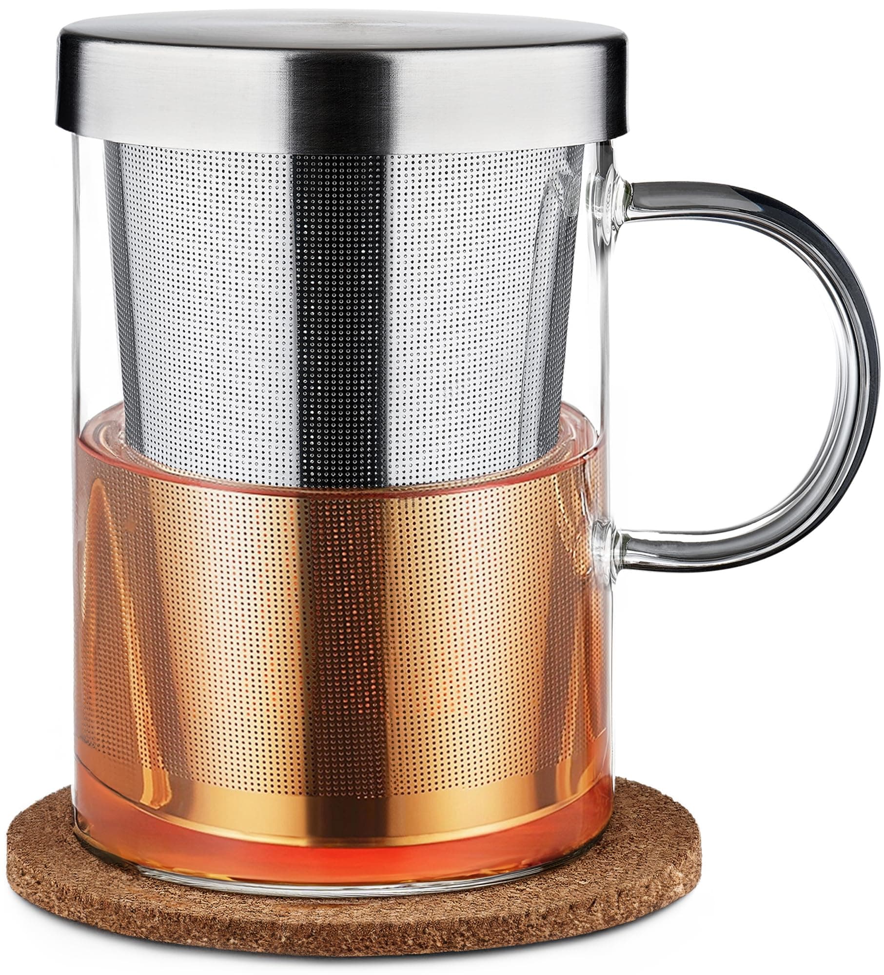 Cosumy Tea Cup with Infuser and Lid - Glass Tea Cup with Infuser and Lid - Large Tea Mug in Borosilicate Glass with Natural Cork Coaster - Fine-Mesh Filter 400ml