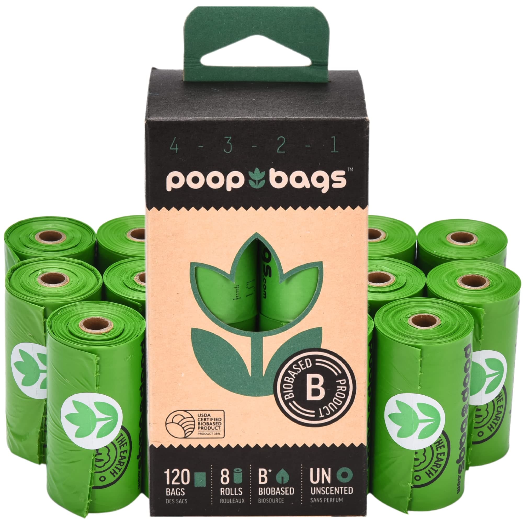 The Original PoopBags Dog Poop Bags, 120 Count, Unscented, Plant Based, Leakproof, Durable, Easy to Use