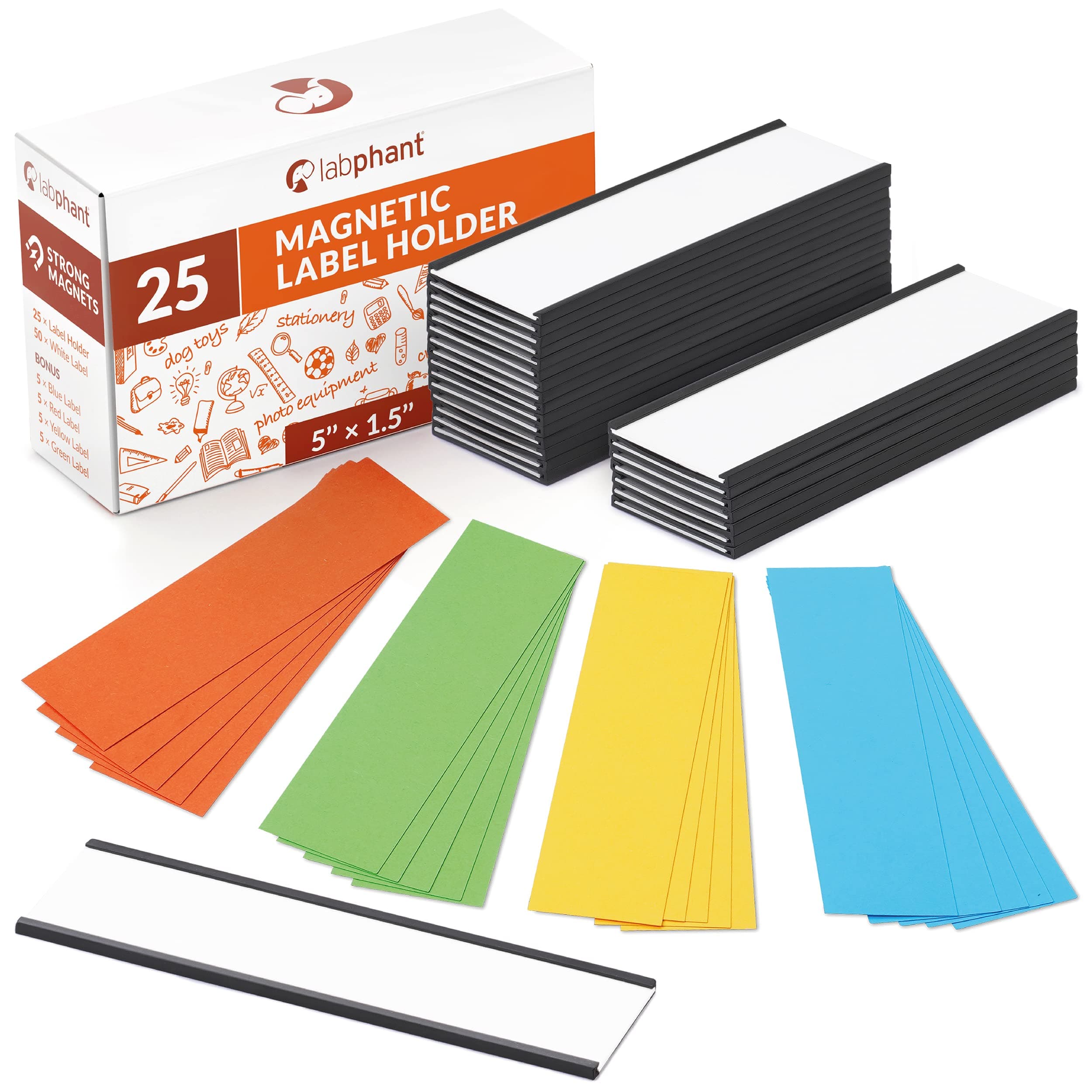 25 Pack C Channel Magnetic Label Holders 5x1.5 with 50 White Card Inserts, 25 Clear Plastic Protectors and Bonus 20 Colorful Cardstock Inserts in Blue, Green, Yellow and Red - Double-Sided Cards