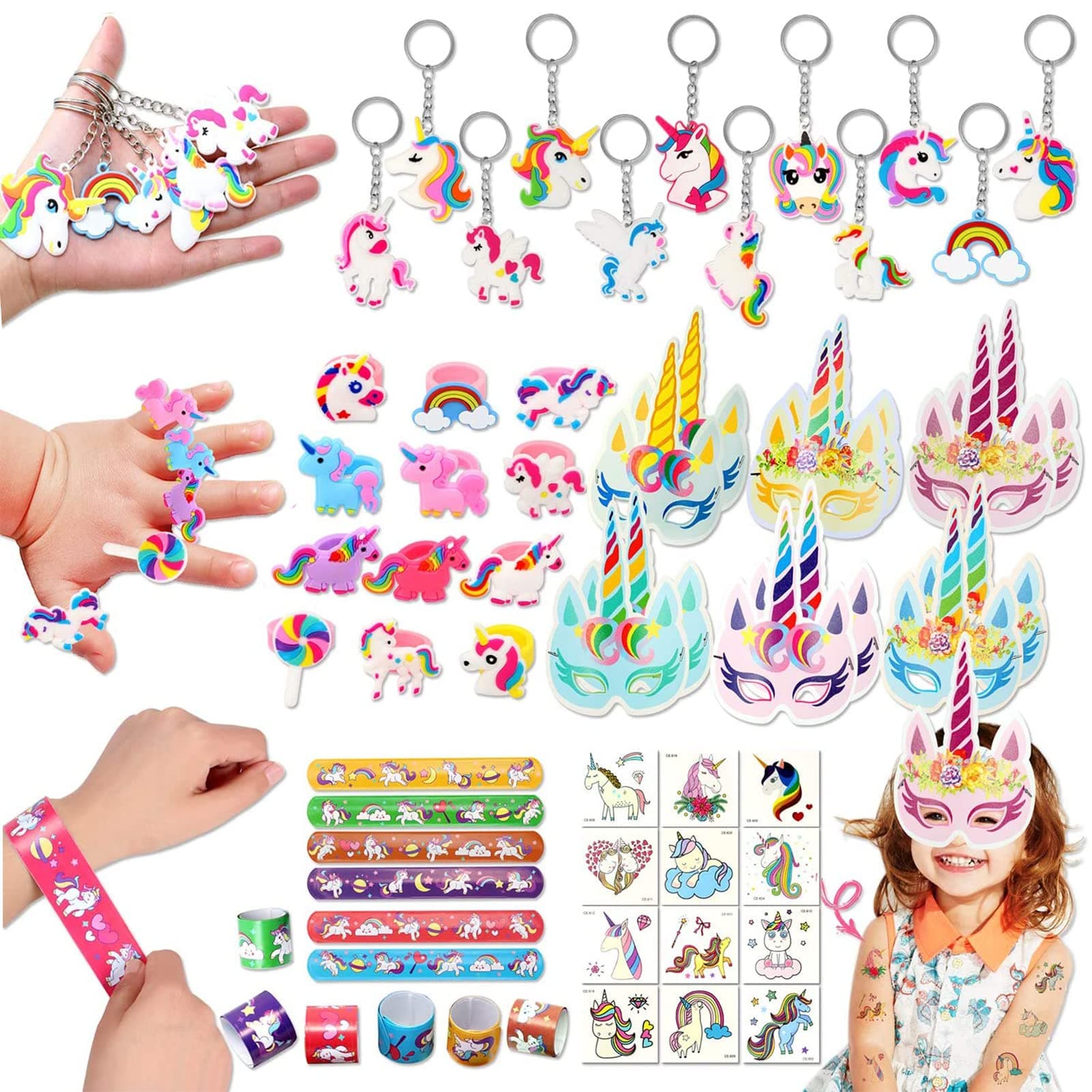 Golray 60 Pack Unicorn Party Favors Supplies Unicorn Slap Bracelets Mask Rings Keychains Tattoos Rainbow Unicorn Gifts Toys Birthday Party Favors Goodie Bags Fillers