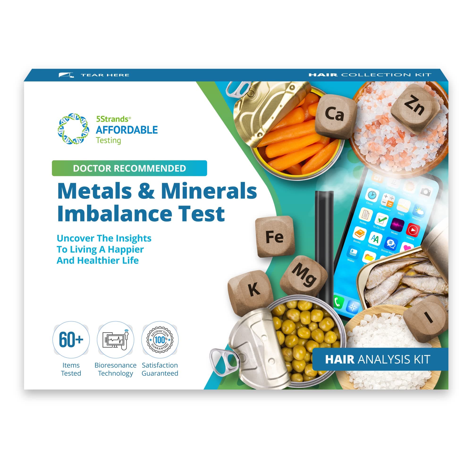 5Strands Metals & Minerals Deficiency Test, 60 Items Test, Metal & Mineral Imbalances, Hair Analysis, Results in 7 Days, Detox Holistic Health Testing - Arsenic, Lead, Tin, Mercury, Copper