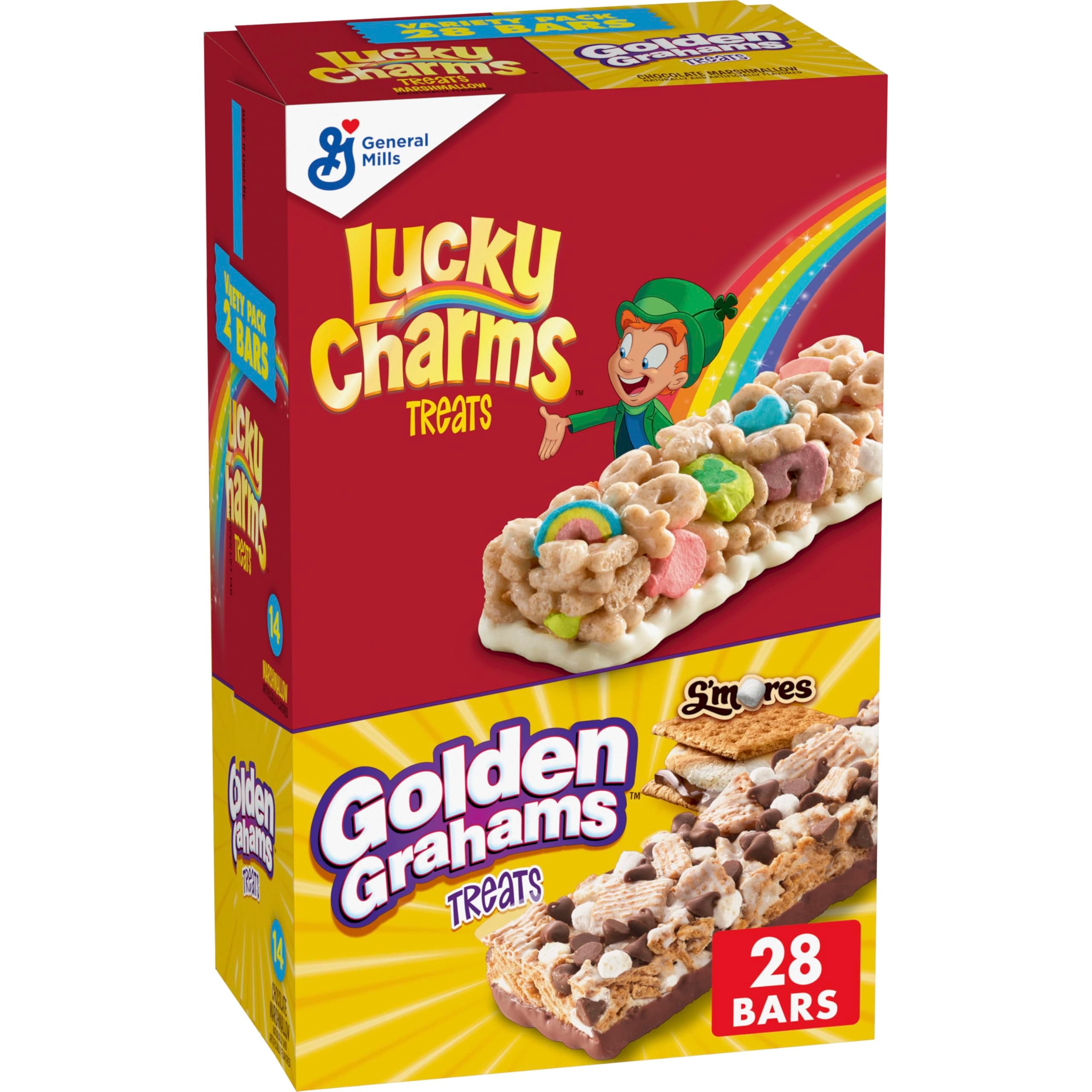 Lucky Charms and Golden Grahams S'mores Cereal Treat Bars, Snack Bars, Variety Pack, 28 Ct, 26.7 oz