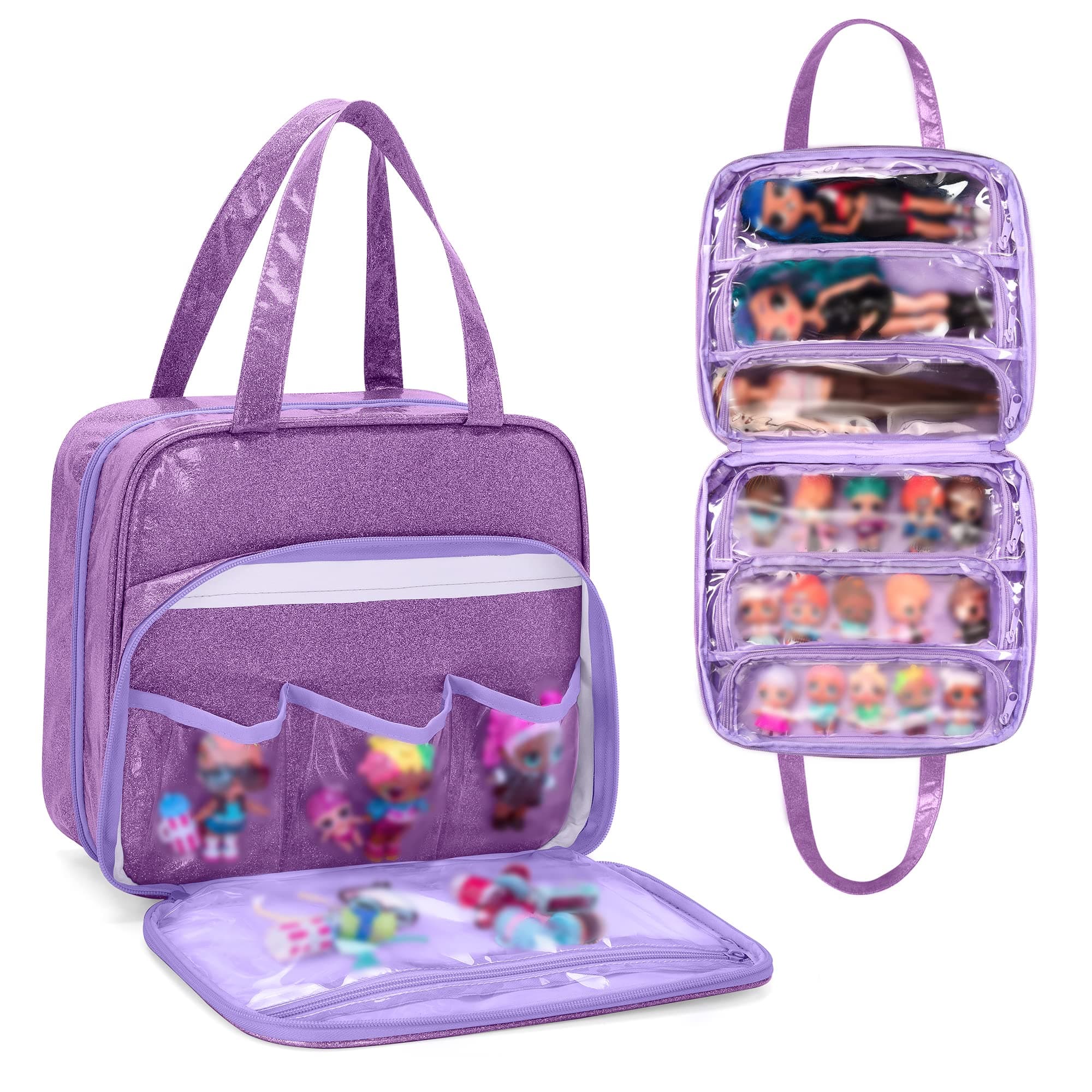LoDrid Doll Tote Carrying Case Compatible with LOL Surprise Dolls All, Hanging Organizer Storage Bag with 6 Clear Window Pockets for Girls, Bag Only, Purple,(Patent Design)