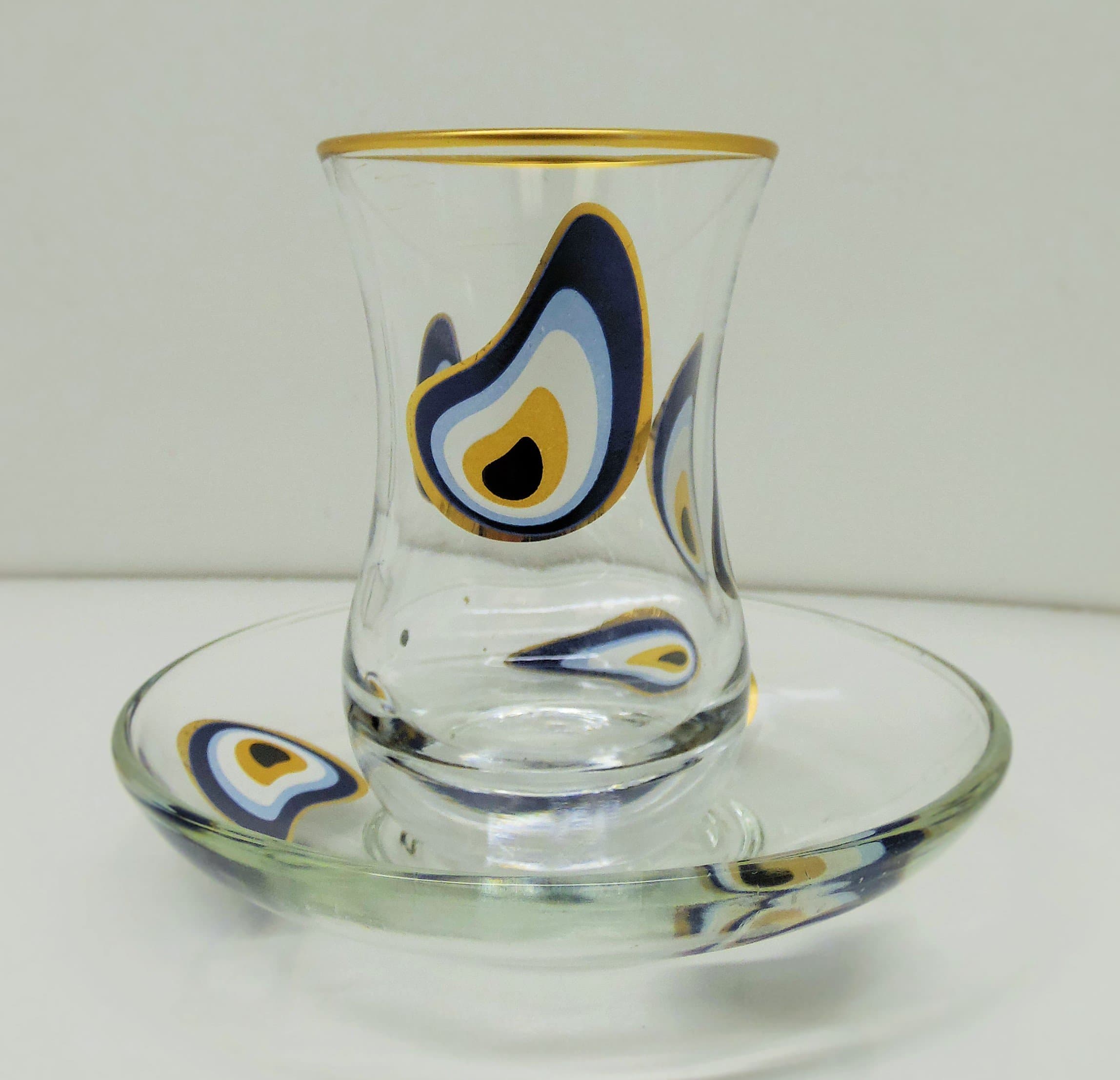 Art Glass "Cast Evil Eye" Tea Set 6 Glass 6 Plate