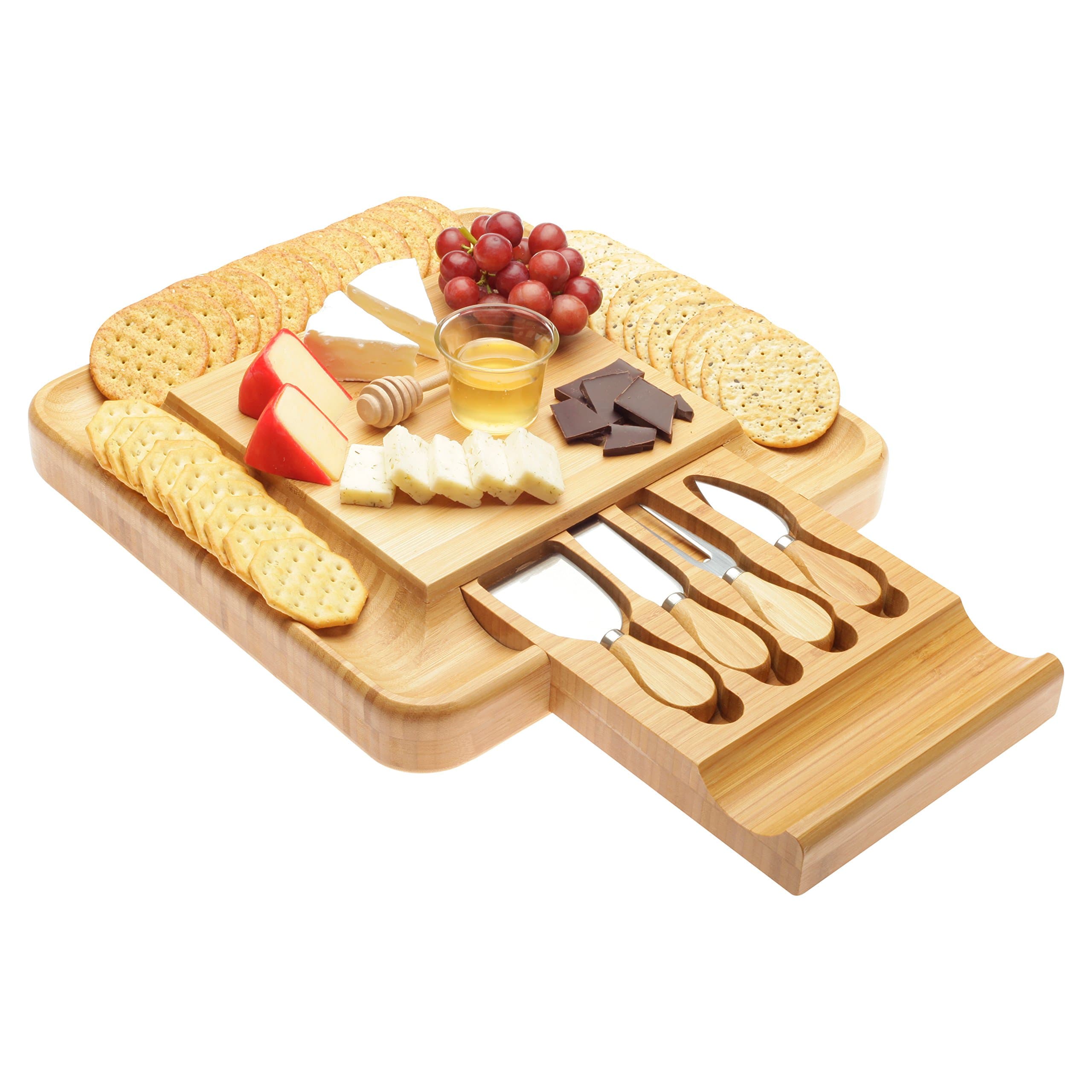 Bamboo Cheese Board with Cutlery Knife Set, Wood Platter and Serving Tray with Slide-Out Drawer with 4 Stainless Steel Knife and Server Set