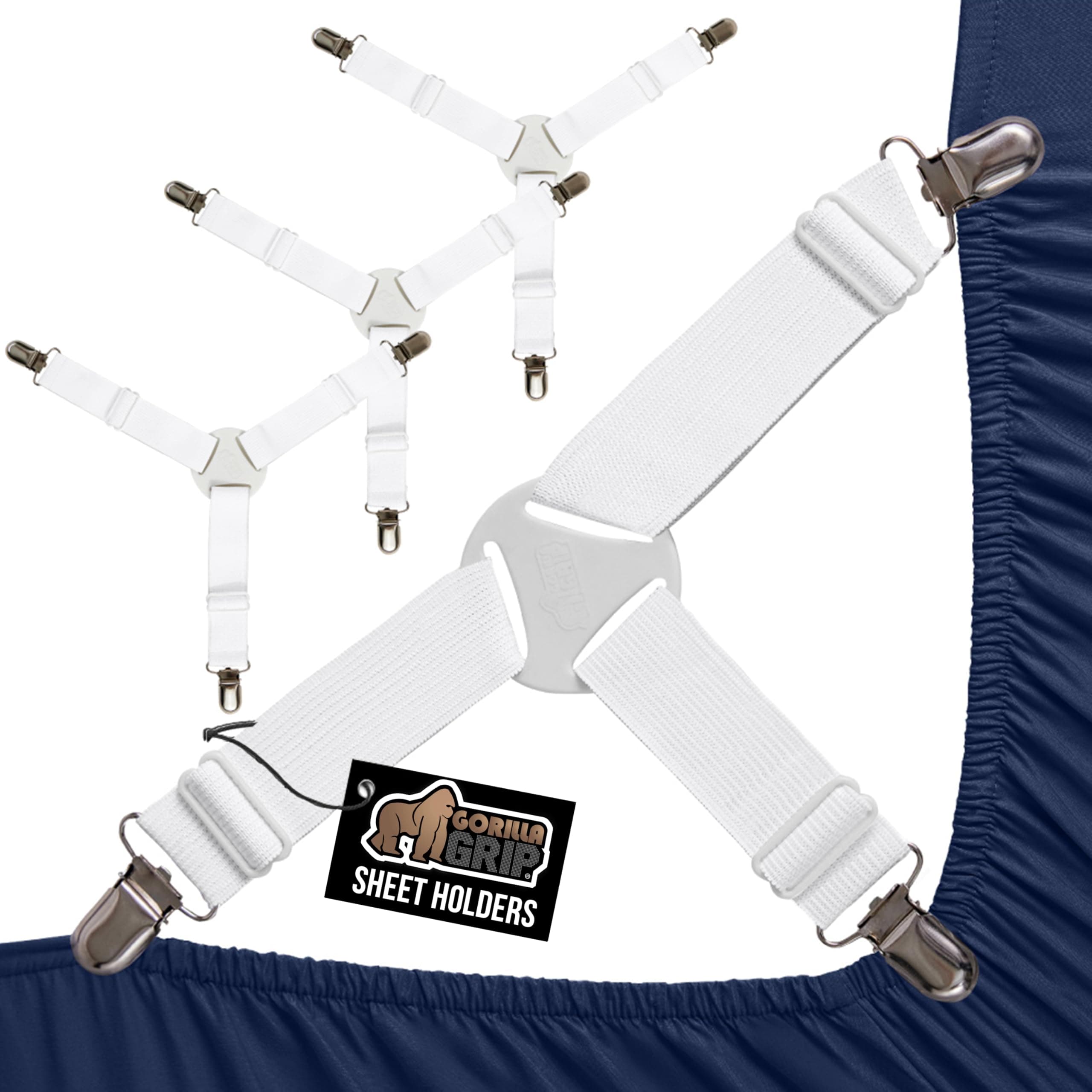 Bed Sheet Straps, Adjustable Elastic Fasteners with Metal Clips, Keep in Place Fitted Bedding Holder, Easy Install Suspenders Mattresses, Firm Tight Accessories, 4 Pack White