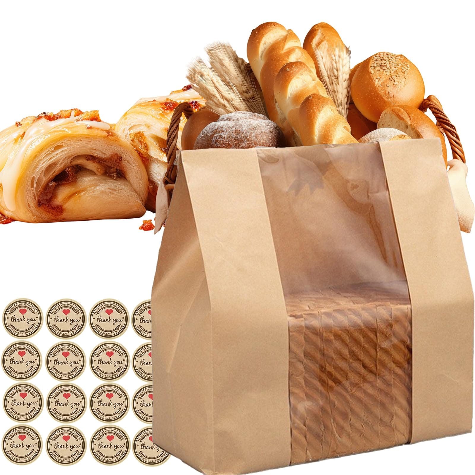 JATEFT 50 Pack Bakery Paper Bags with Seal Stickers, Window Design, White Transparent Film Bags for Pastries - Food Grade Greaseproof Paper