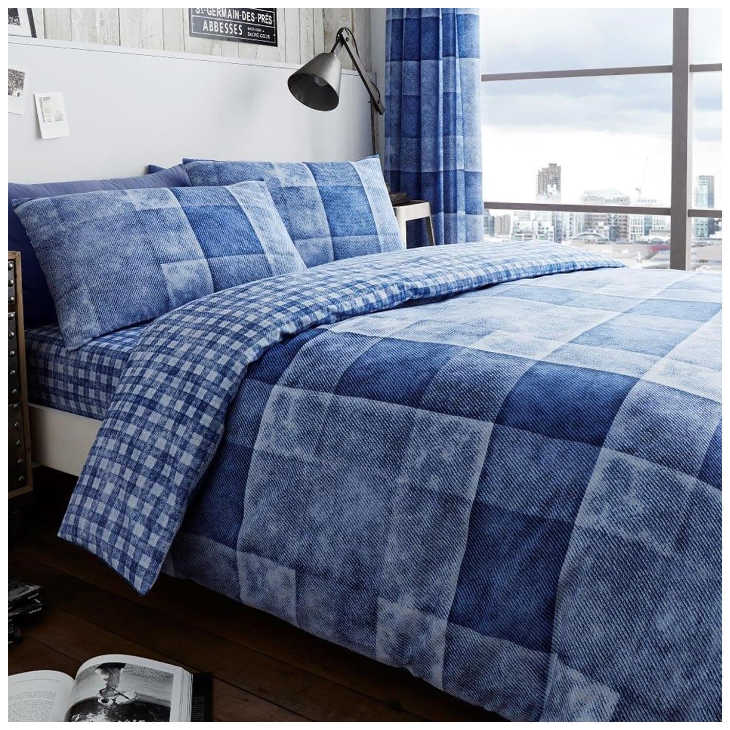 – GC GAVENO CAVAILIA Polycotton Checked Duvet Cover Double (200cm x 200cm) - Quilt Bedding Set Double Bed with 2 Pillow Cases - Blue