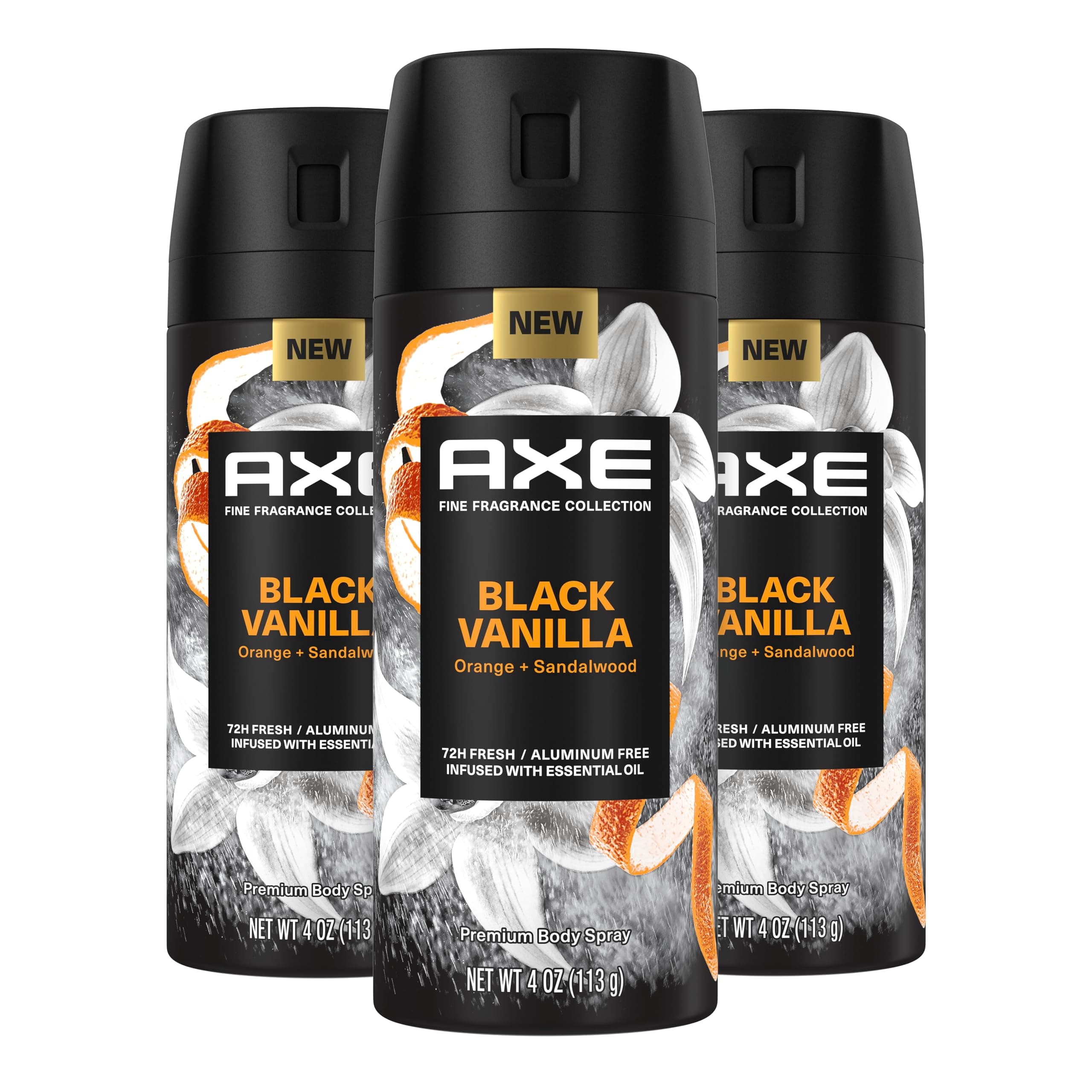 Fine Fragrance Collection Premium Body Spray Black Vanilla with Orange + Sandalwood 3 Count with 72H Odor Protection Aluminum-Free 4 oz