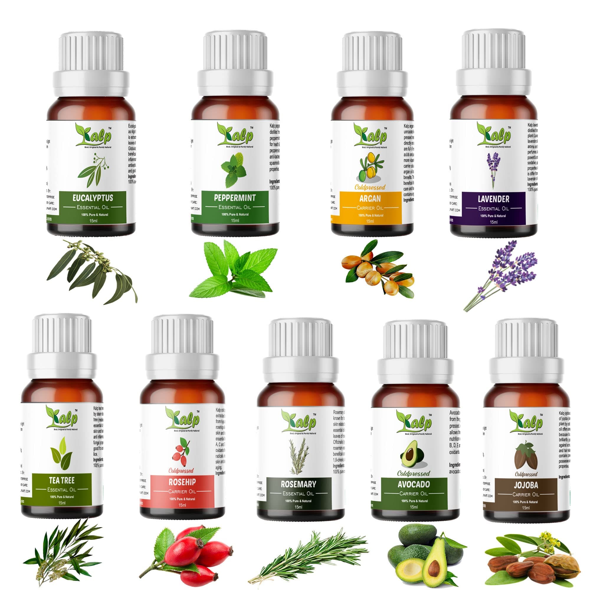 Kalp® Pack of 9 Oils -15ml Each 5 essential oils -Eucalyptus essential oil, Lavender essential oil, Peppermint essential oil, Rosemary essential oil & Tea tree essential oil 4 Carreir Oils Argan oil, Avocad oil, Jojoba oil& Rosehip oil 100% natural & pure for hair, skin & face