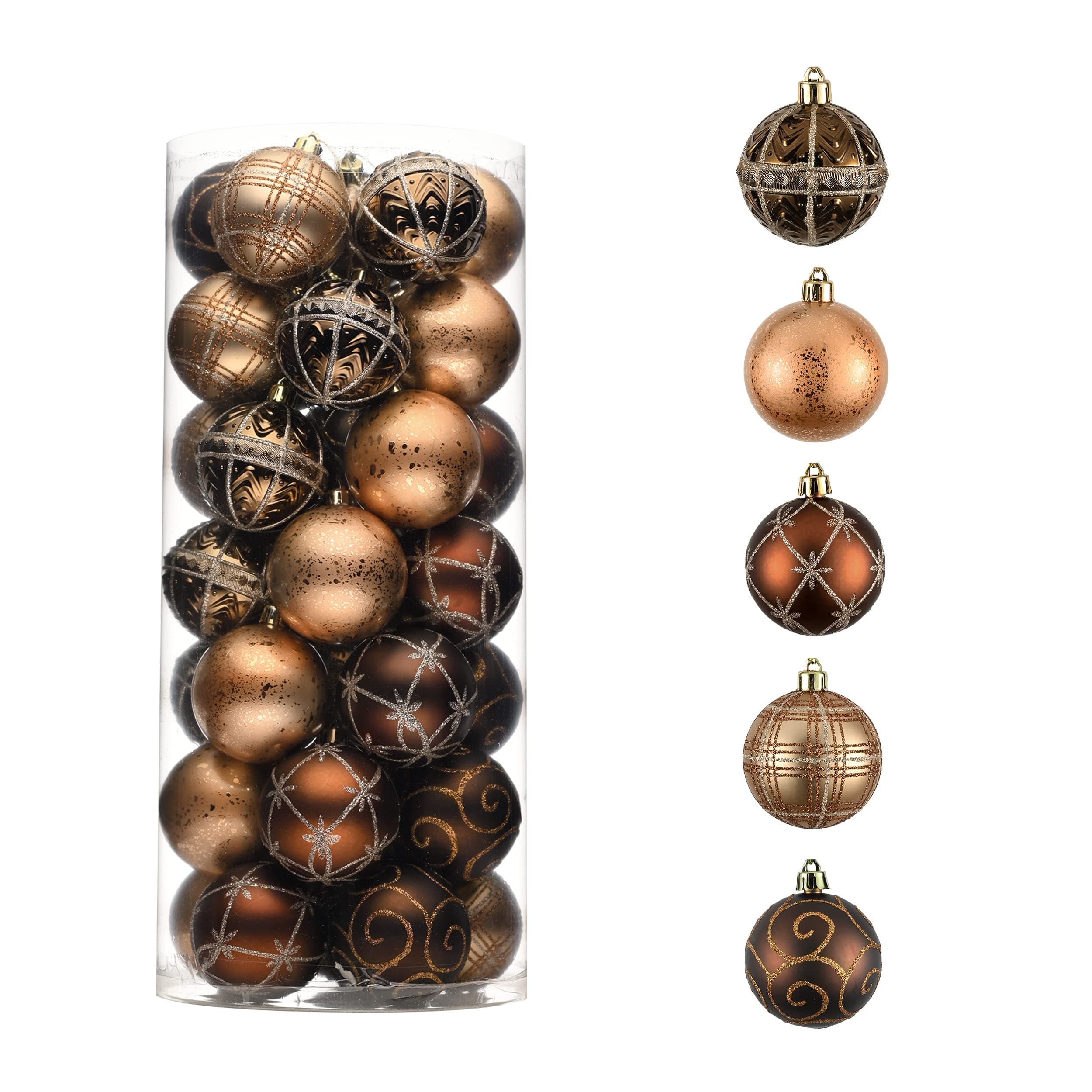 Christmas Ornaments Set, 35ct 2.36 Inches Brown Copper Gold Shatterproof Christmas Tree Decorations, Luxury Hanging Ball Ornaments Bulk for Xmas Holiday Party Decor