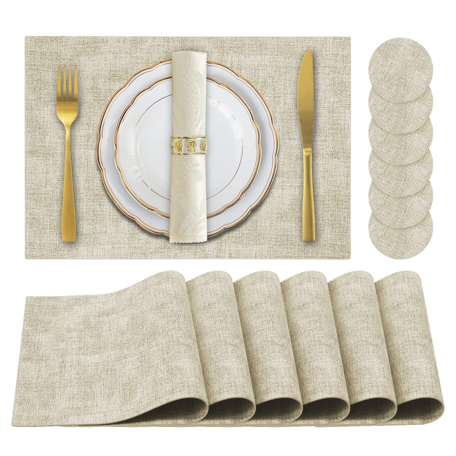 Faux Leather Placemats Set of 6,Heat Resistant Placemats for Dining Table, Easy Clean Non-Slip Place Mats, Waterproof Stain Resistant Wipeable Washable PU Table Mats, (Beige)