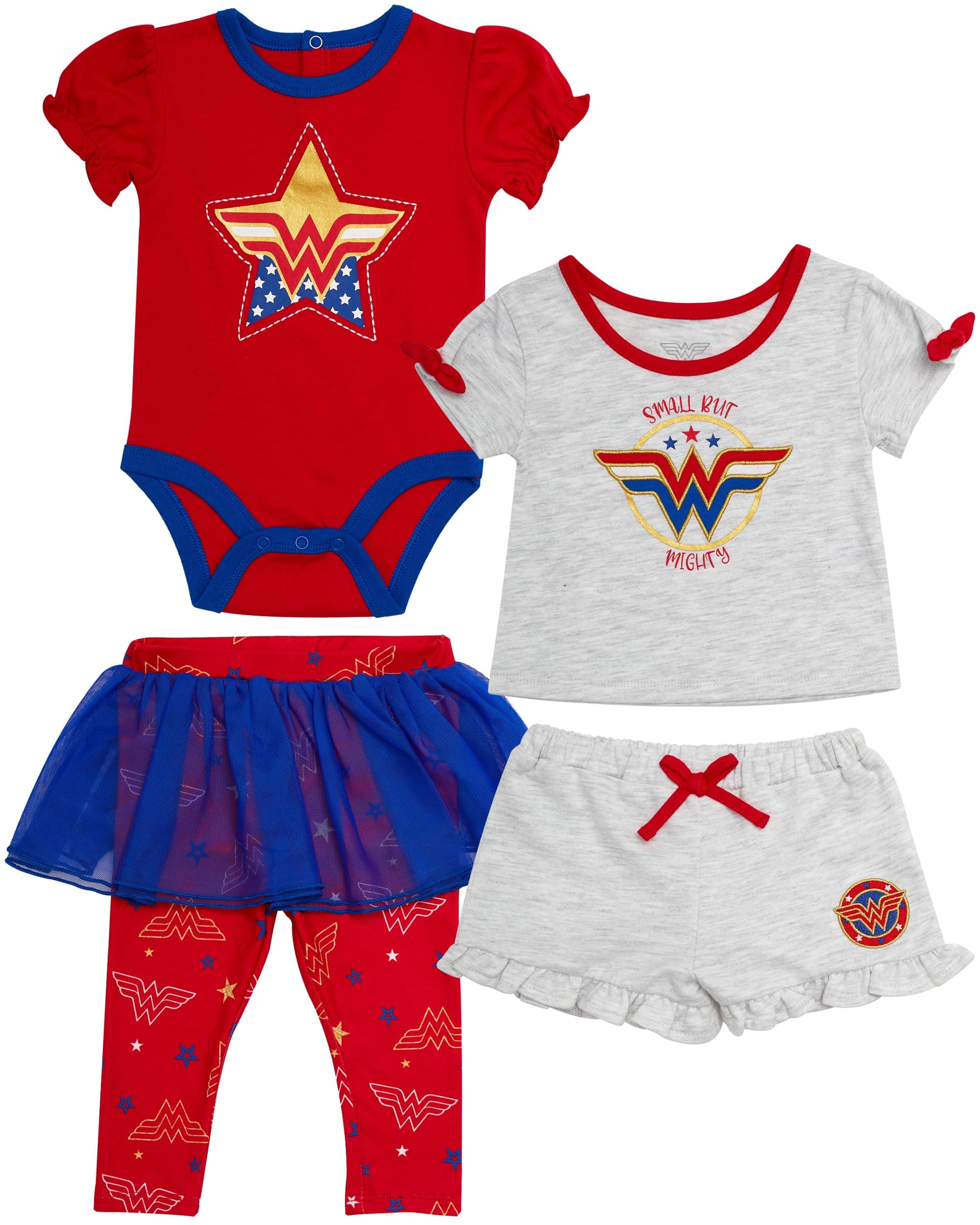 Baby Girls 4 Piece Set - Short Sleeves T-Shirt, Legging Pants with Tutu Skirt, Bodysuit, Drawstring Shorts