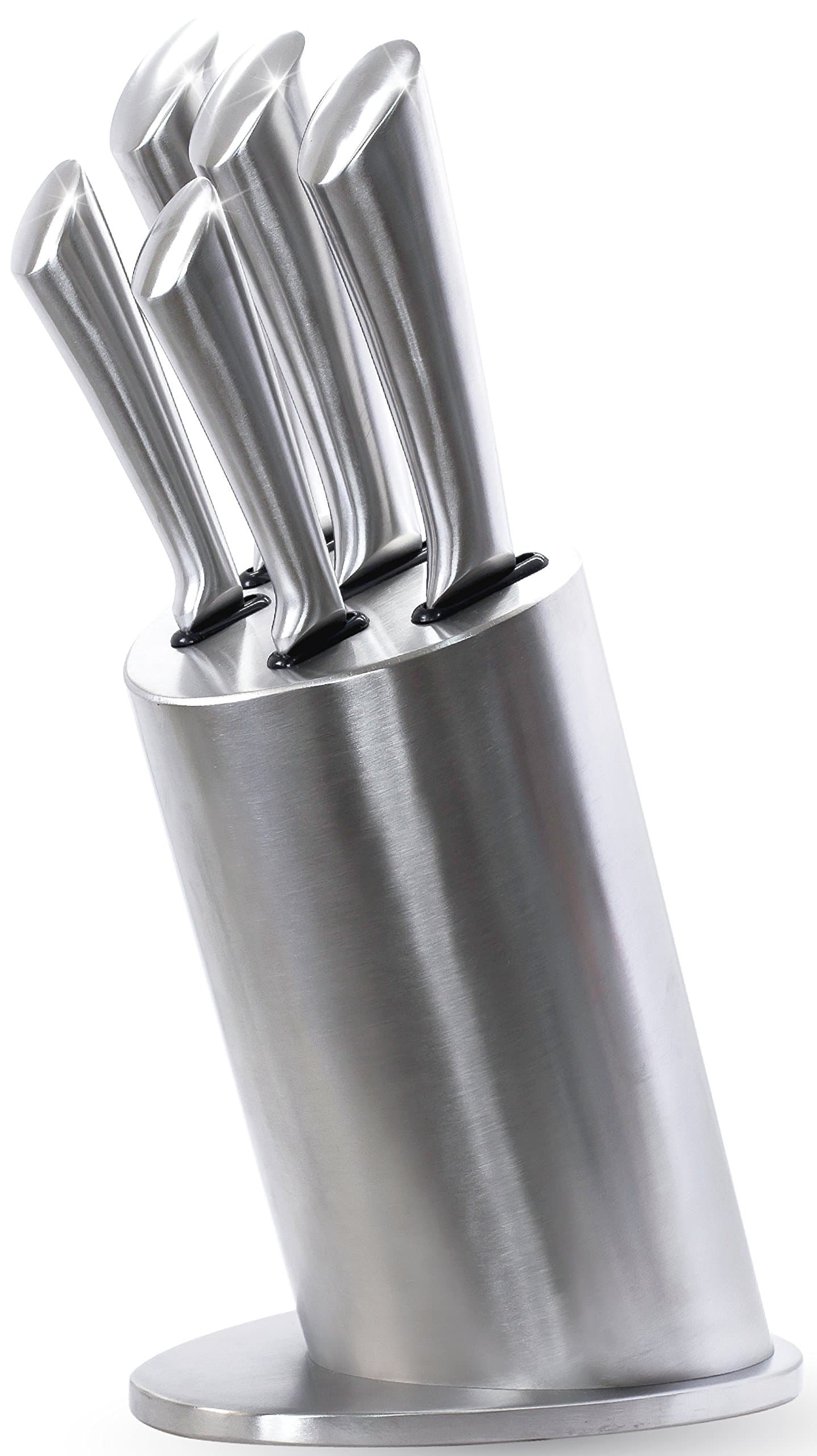 6 Piece Knife Set with Round Stand by El Perfecto Kitchen – Royal Class Stainless Steel Blades & Steel Stand – 8” Chef, Slicing, & Bread, 5” Utility, & 3.5” Paring Knives + 30 Day Guarantee