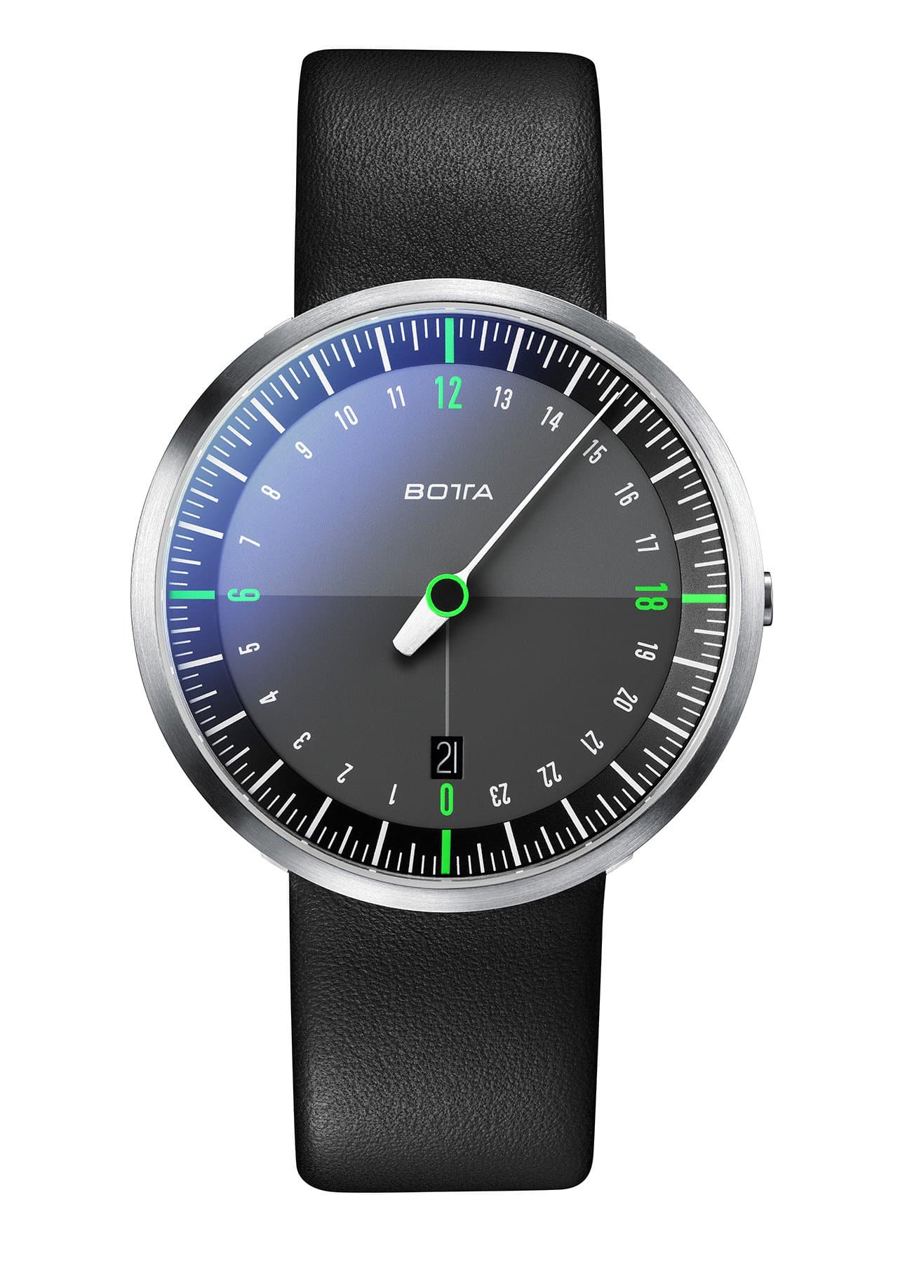Botta-Design UNO 24 NEO Wristwatch - 24H one-Hand Watch, Stainless Steel, Black dial, Anti-Reflective, Leather Strap