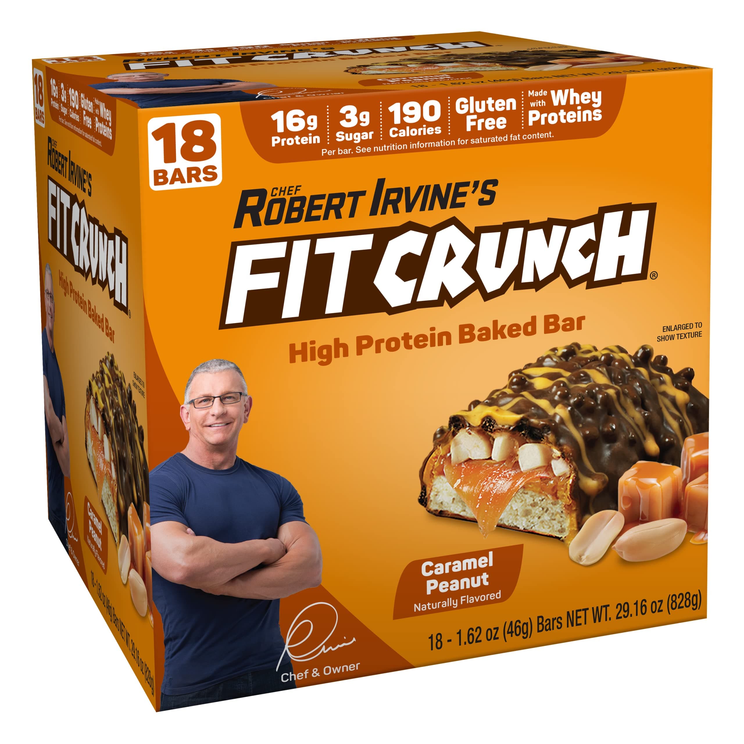 FITCRUNCH Snack Size Protein Bars, 6-Layer Baked Bar, 3g of Sugar & Soft Cake Core (18 Bars, Caramel Peanut)