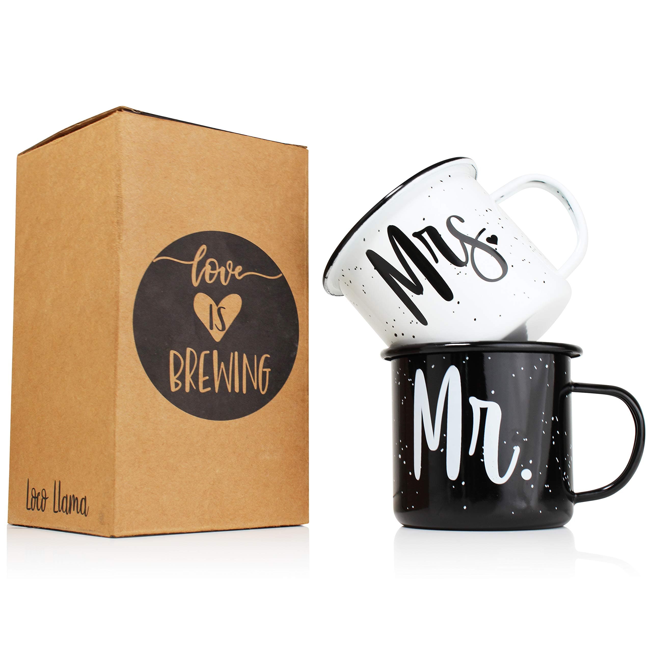 Mr and Mrs Coffee Mug Gift Set - Enamel Coated Stainless Steel Camping Mugs - Bride and Groom - Marriage Engagement Wedding Gift for Couples