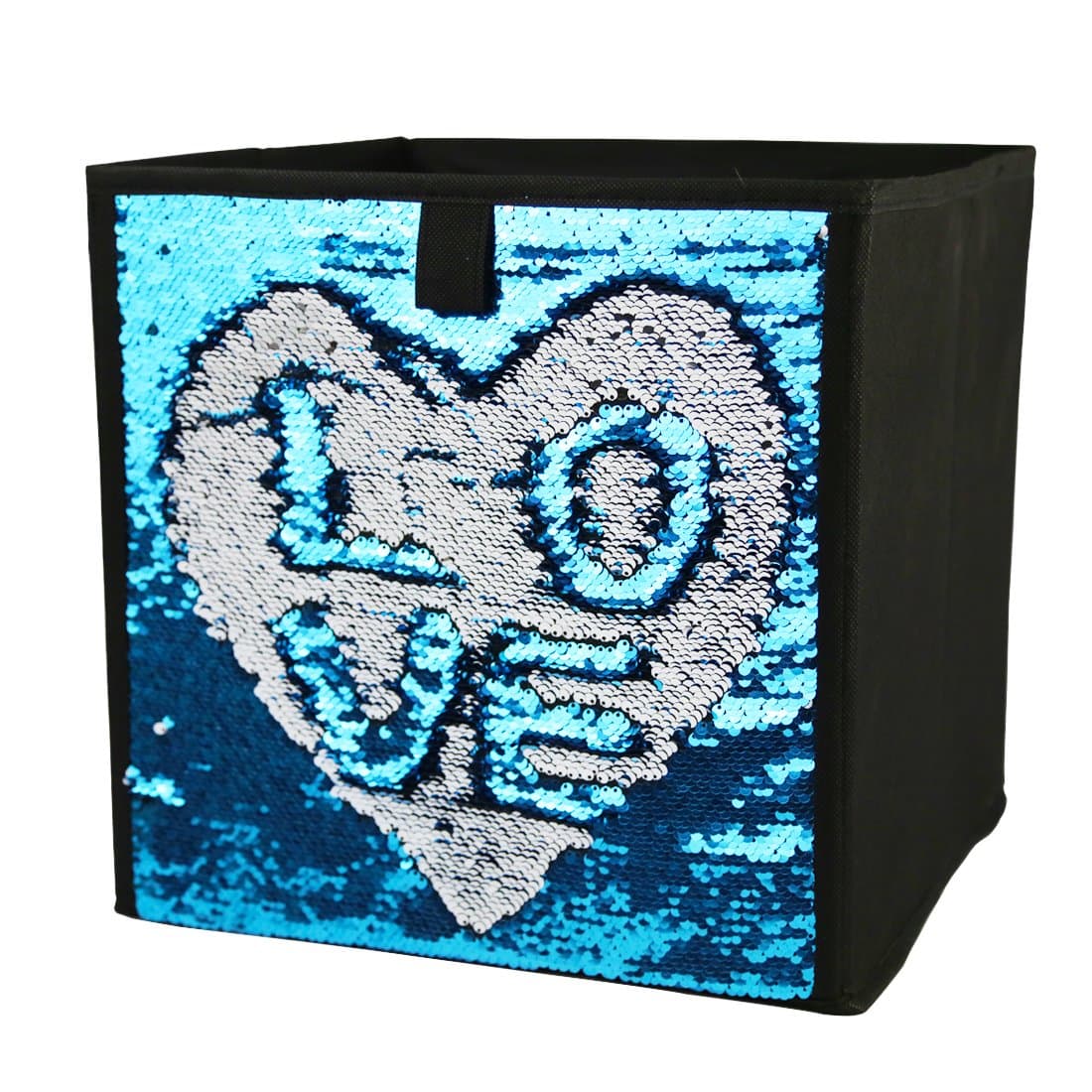 Magic Reversible Mermaid Sequins Storage Box Linen Fabric Foldable Basket Cube Organizer Bin Box Container Drawer (Blue)