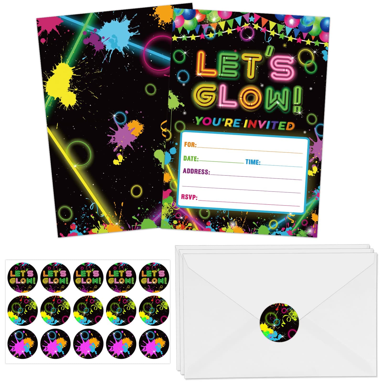 Pajean 30 Pack Glow Birthday Party Invitations Glow Neon Party Favors Neon Invites Cards with 30 White Envelopes and 30 Sticker Labels for Birthday Invitations Cards