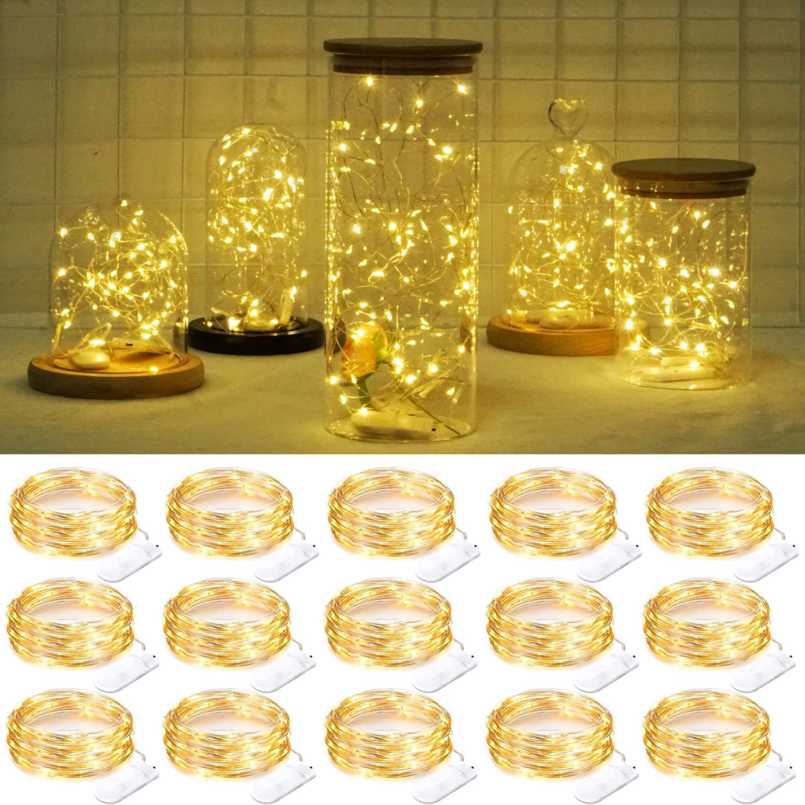 SmilingTown Fairy Lights Battery Operated 15 Pack 7.2ft 20 LED Starry Firefly Silver Wire String Lights for Wedding Christmas Halloween Party Jar Table Centerpiece Decoration (Warm White)