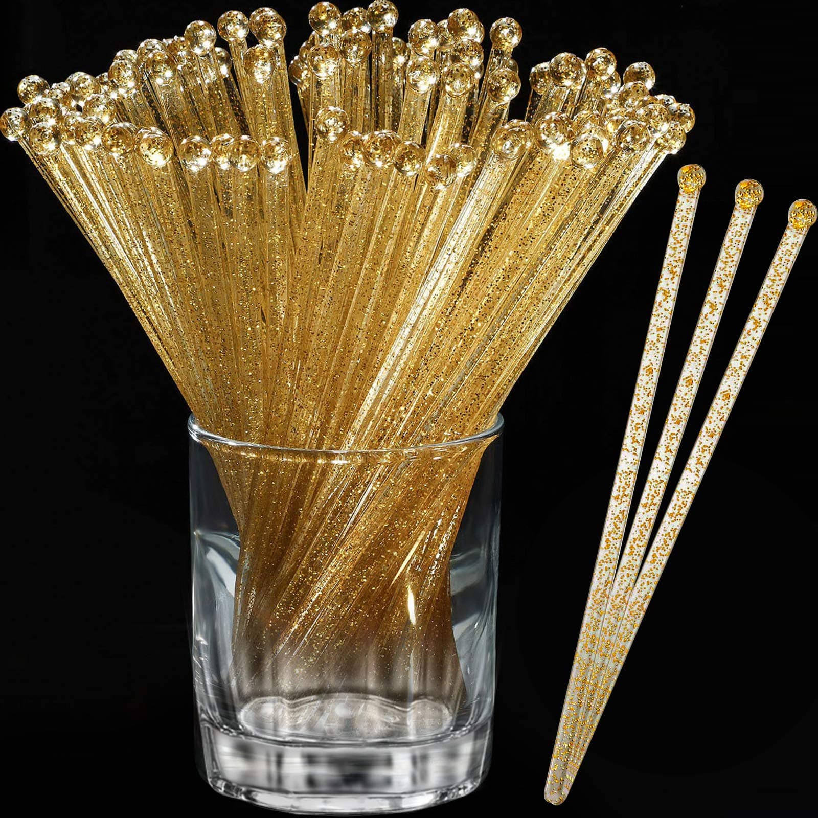 120 Pieces 7.3 Inch Plastic Round Top Swizzle Sticks, Gold