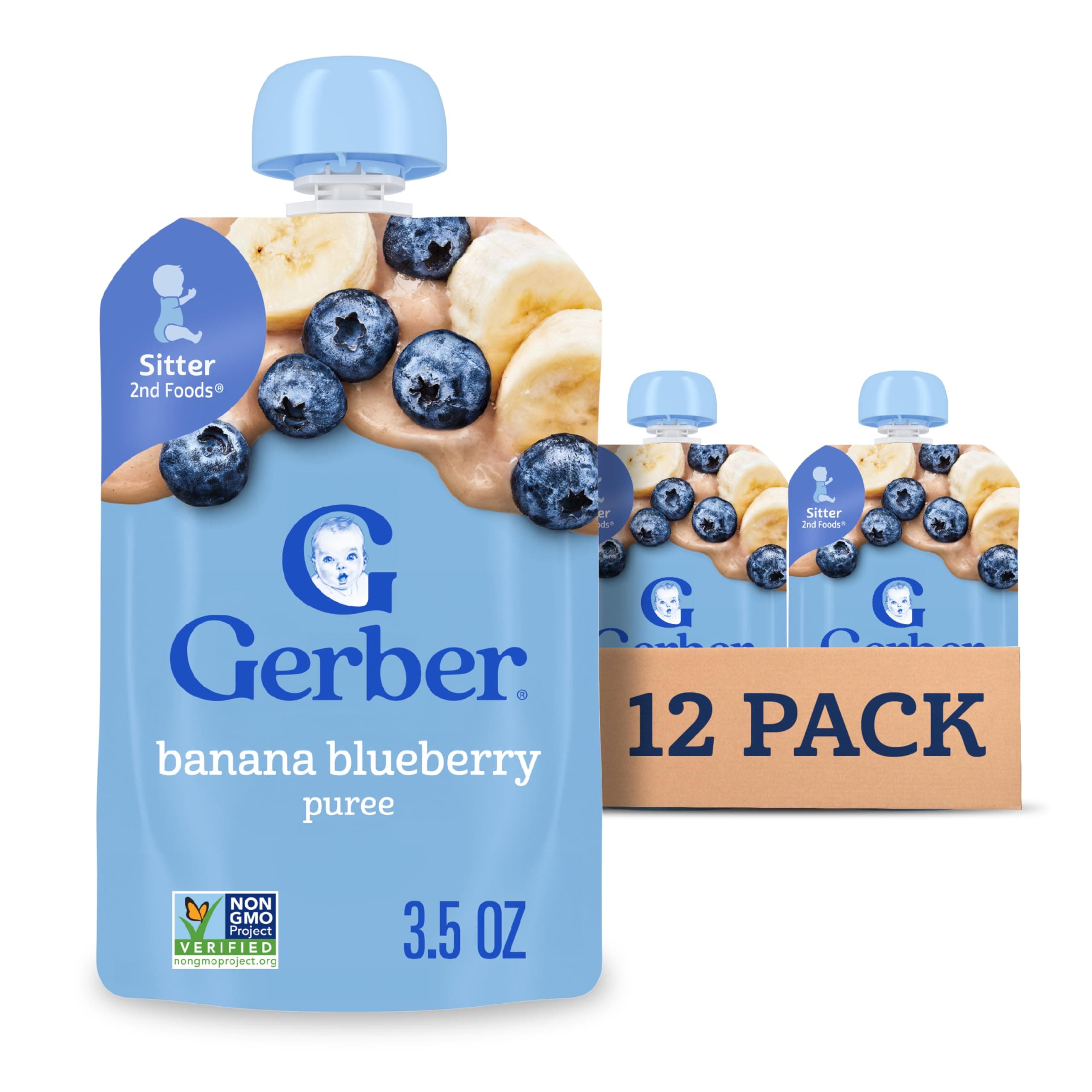 Stage 2 Baby Food, Banana Blueberry Puree Pouch, 2 Servings of Fruit, No Added Sweetener, No Artificial Colors or Flavors, 12-Pack