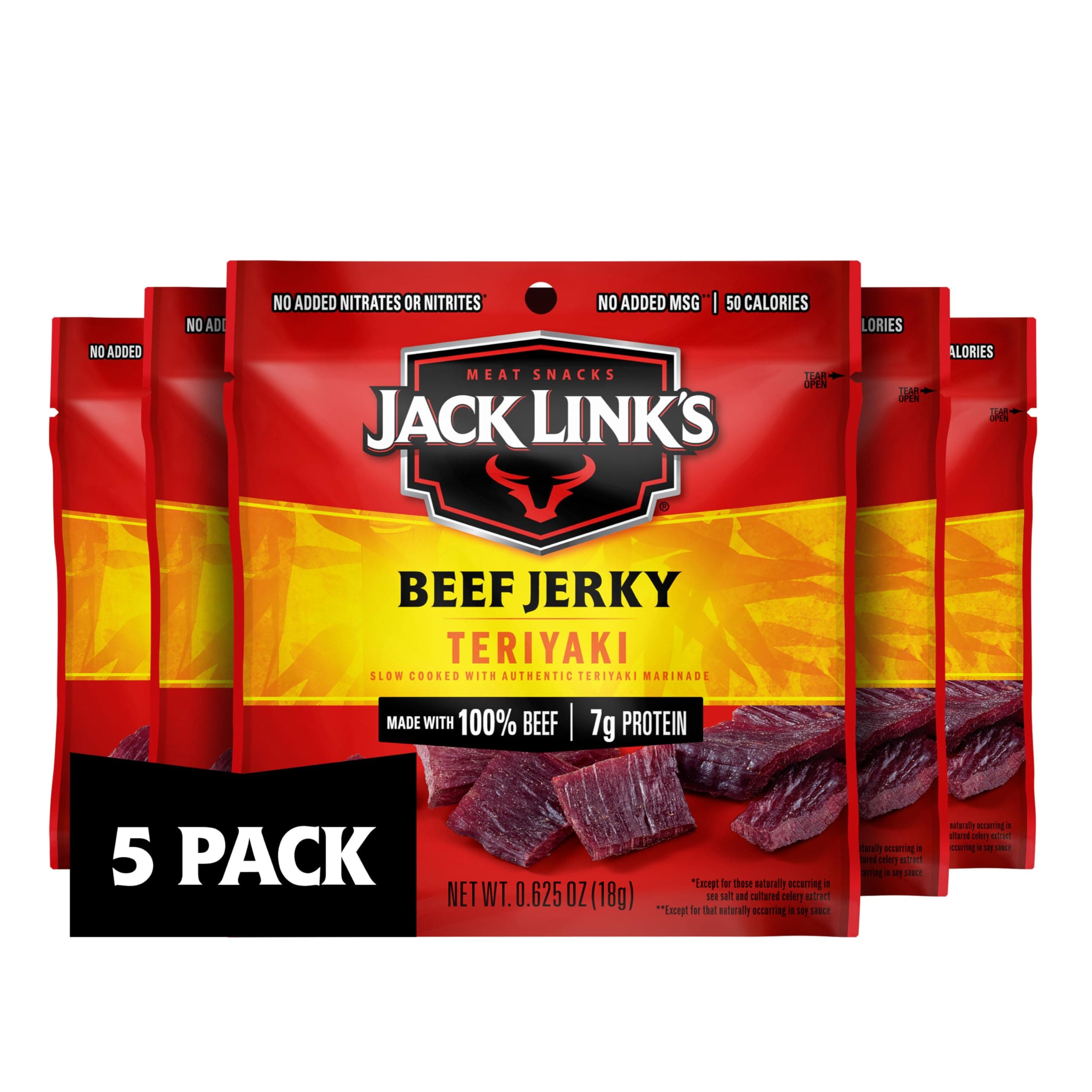 Jack Link's Beef Jerky, Teriyaki, Multipack Bags - Flavorful Meat Snacks for Lunches, Ready to Eat Protein Snacks, Individual Packs - 7g of Protein, Made with 100% Beef - 0.625 oz (Pack of 5)