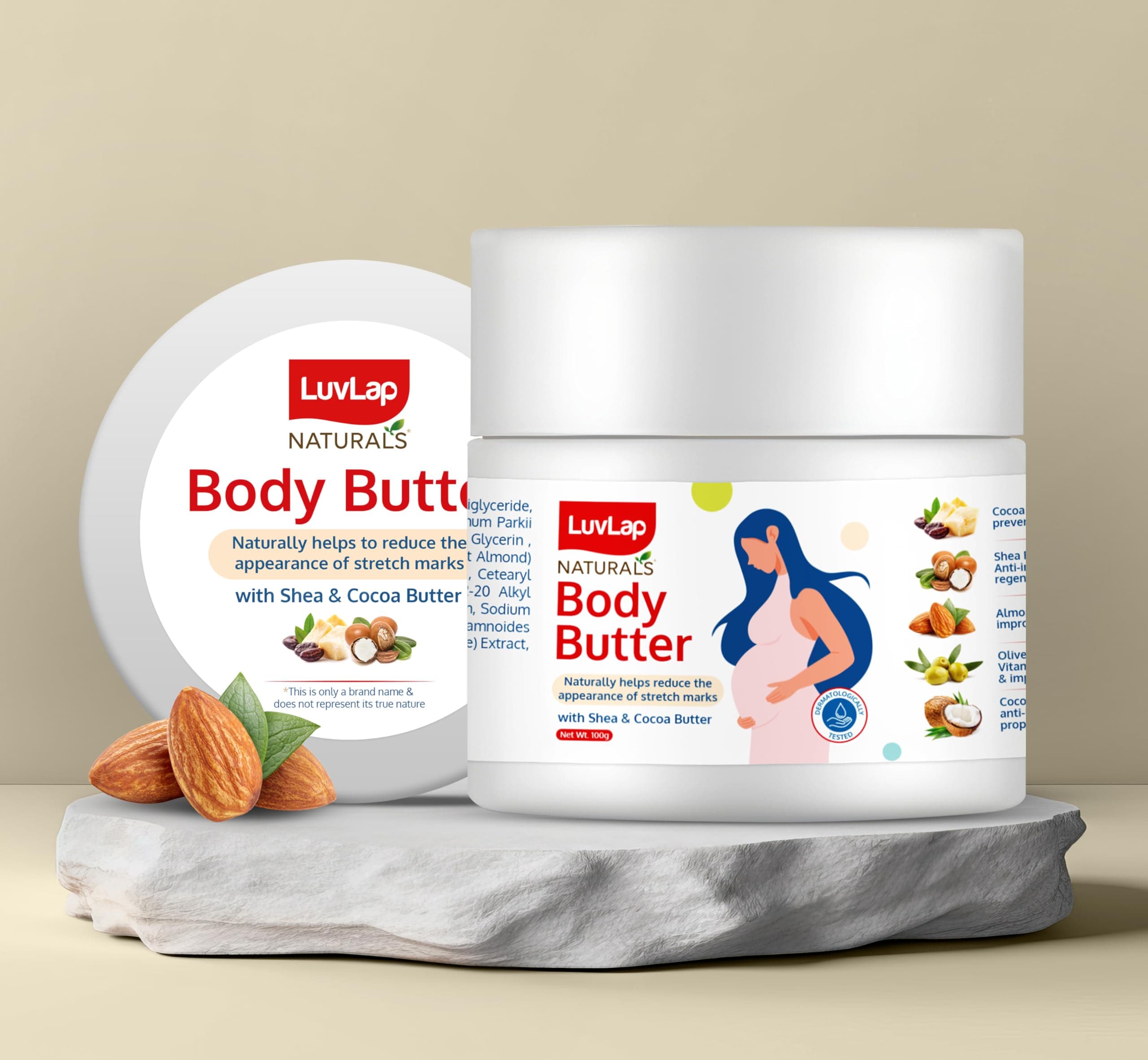 LuvLap Naturals Body Butter for Pregnant Belly, 100g, with Shea & Cocoa Butter, Almond, Olive & Coconut Oil, Gives Relief to Dry & Itchy Skin, Stretch Mark Cream, Dermatologically Tested