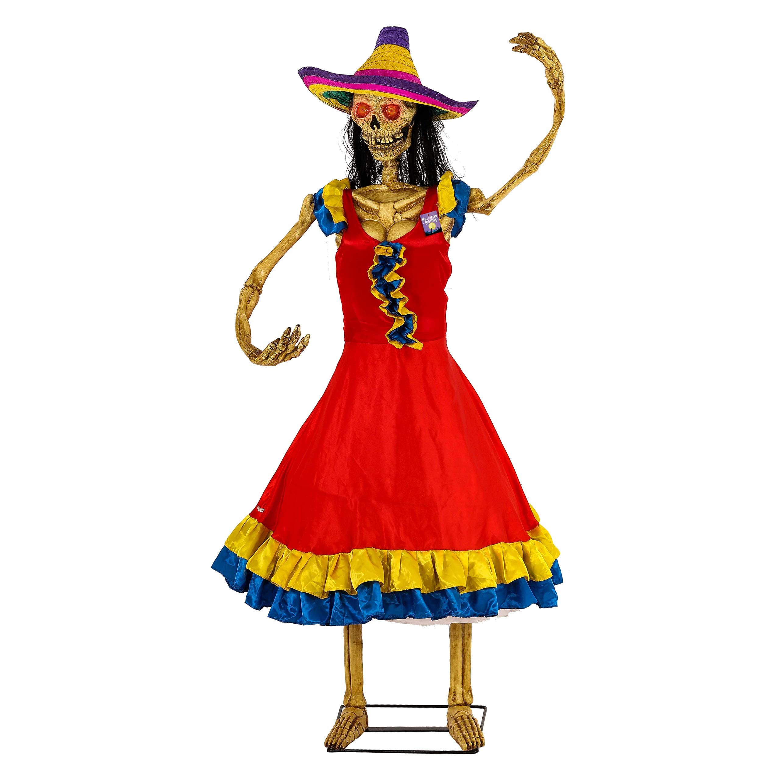Halloween Haunters Life-Size Animated Spanish Moving Dancing Lady Day of The Dead DOD Skeleton Girl Prop Decoration - Rubber Latex Face, Light Up Eyes - Animatronic Motion - Haunted House Graveyard