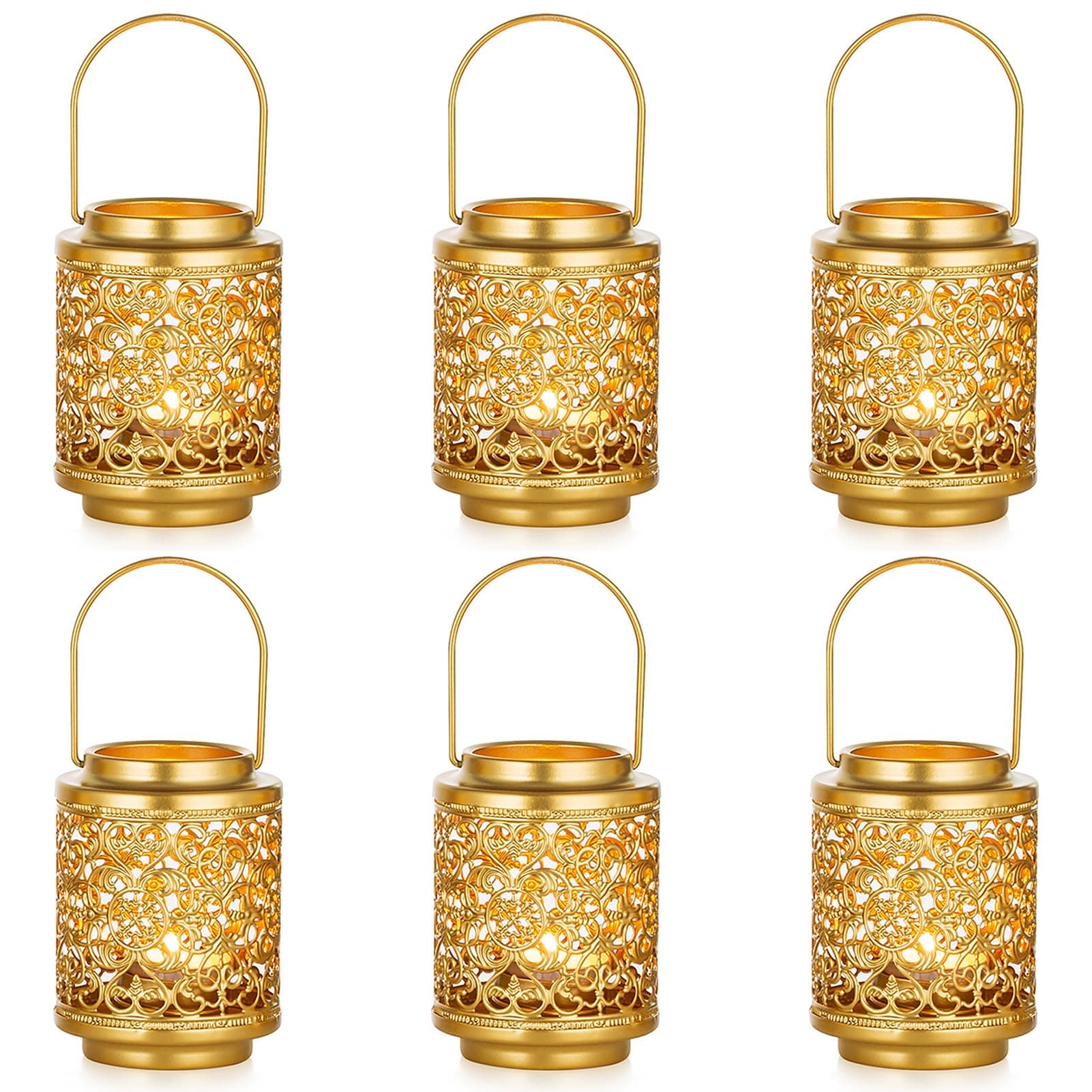 NUPTIO Gold Candle Lanterns Decorative: 6 Pcs Hanging Metal Tealight Candles Holder 10.5cm Brass Mini Tea Light Lantern Centerpiece for Weddings Bridal Shower Anniversary Table Decor (Style 3)